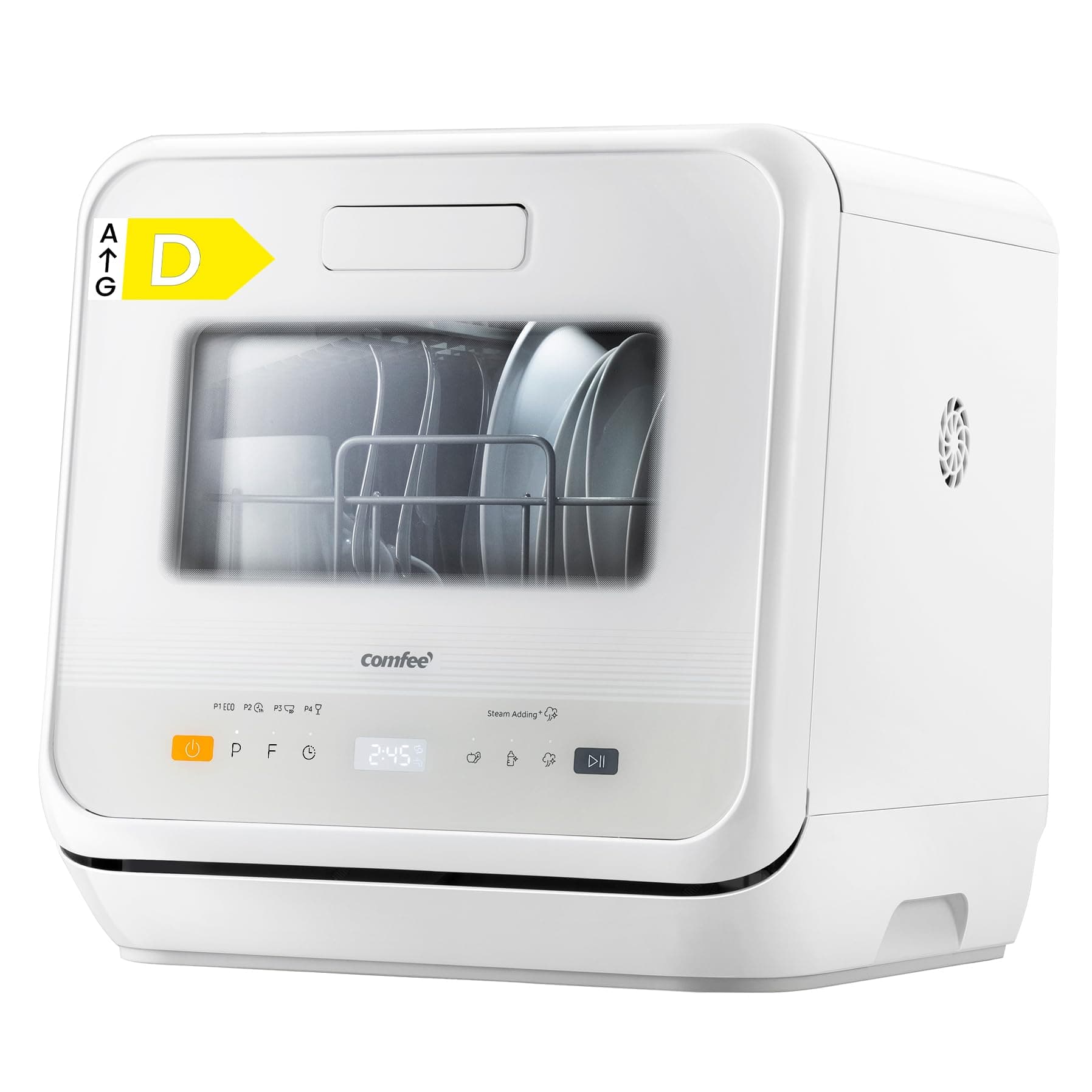 COMFEE' Mini Lavastoviglie CDWMTO201D(W) Piccola lavastoviglie da tavolo con serbatoio dell'acqua integrato da 5 l, lavaggio a vapore, stoccaggio ventilato, classe energetica D - Bianco