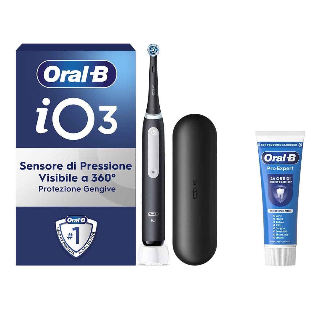 Oral-B Spazzolino Elettrico Ricaricabile iO 3 Nero, 1 Spazzolino Elettrico, 1 Testina Di Ricambio, Custodia Da Viaggio + Dentifricio Oral-B Pro Expert, Pulizia Denti Efficace
