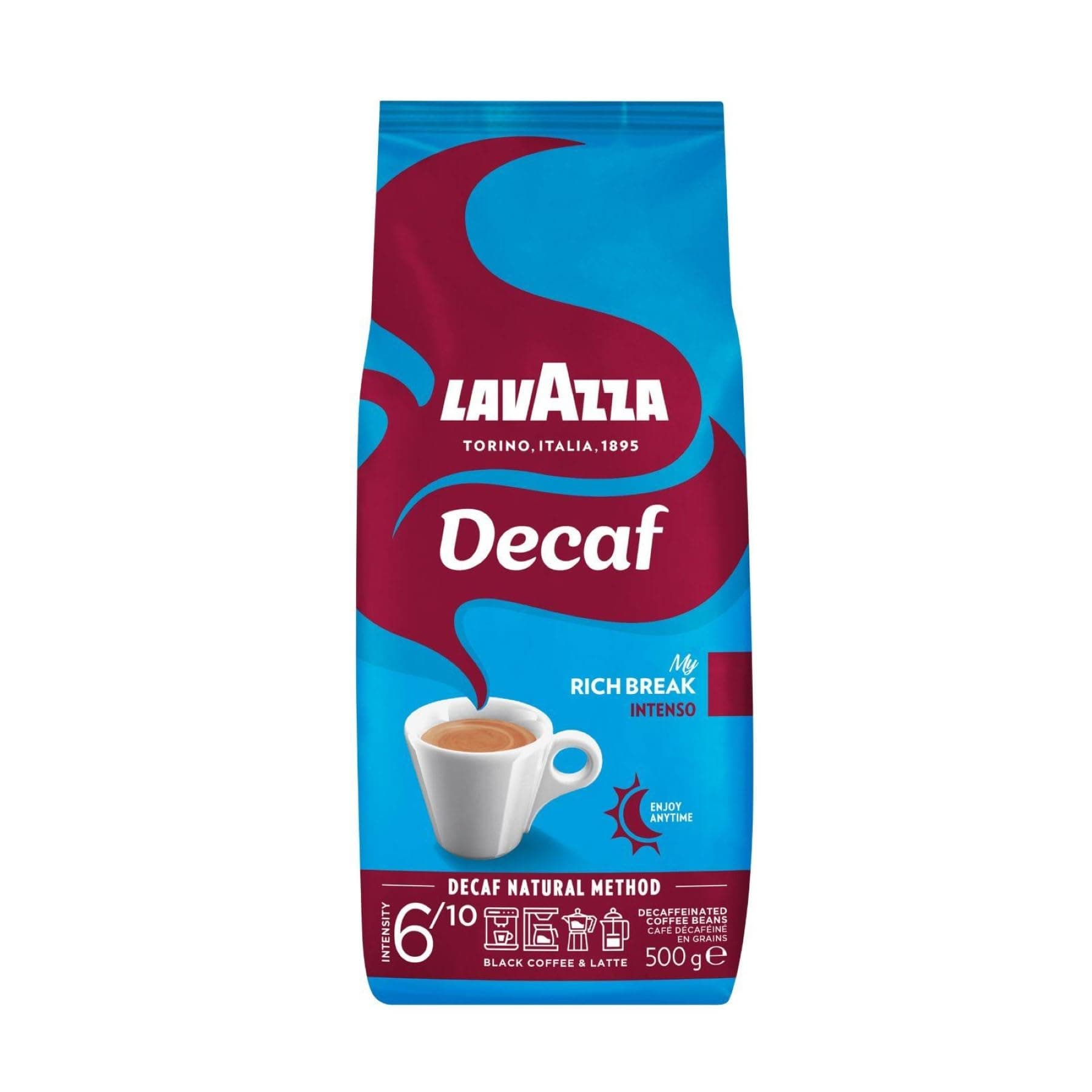 Lavazza, Decaf „My Rich Break“ Intenso, Entkoffeinierte Kaffeebohnen, Ideal für Cappuccino, mit Aroma Noten von Tabak und Holz, Arabica und Robusta, Intensität 6/10, Mittel-Dunkel Röstgrad, 500 g