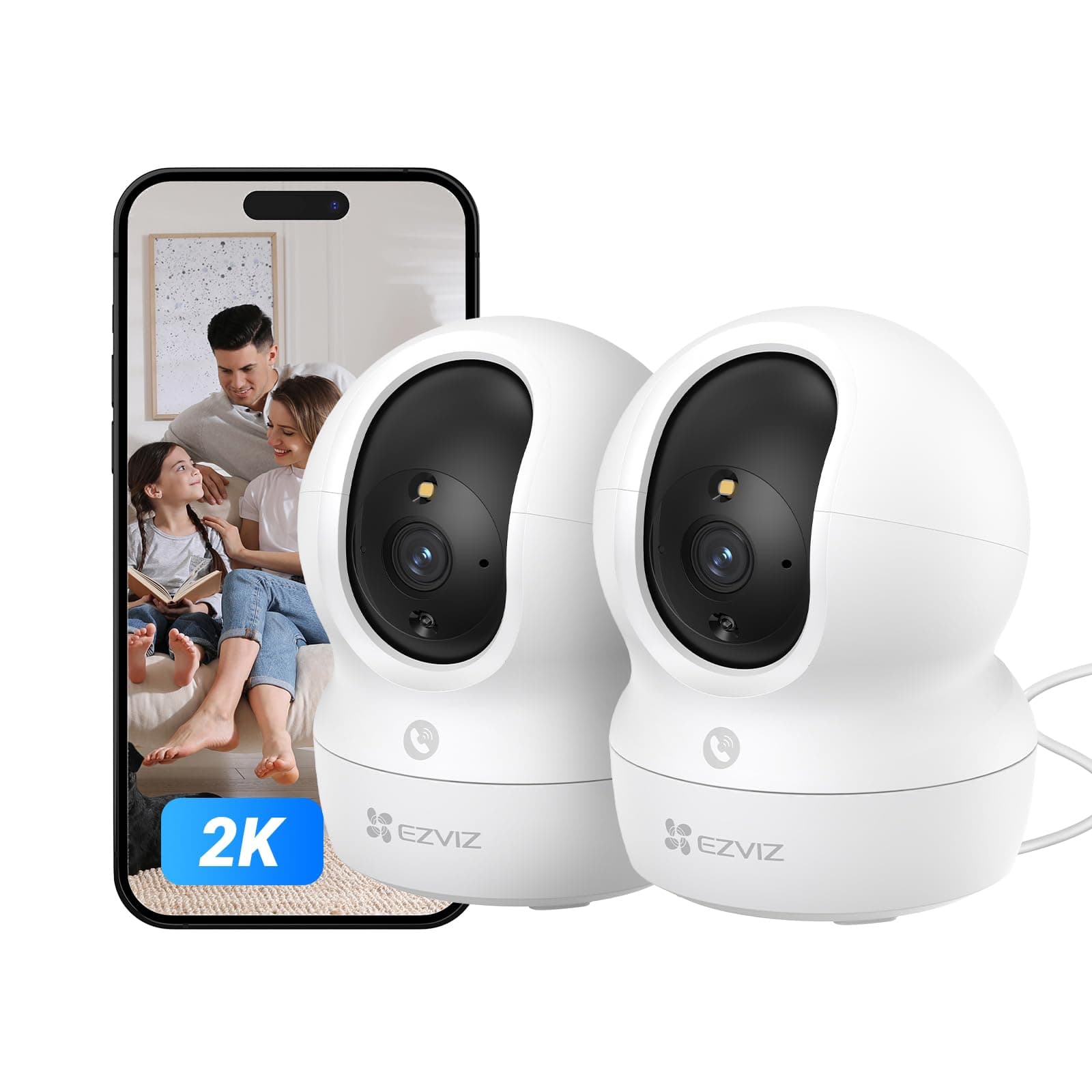 EZVIZ 2K Caméra Surveillance WiFi Intérieure, Camera Bébé WiFi 2.4Ghz Pan/Tilt à 360 °, Vision Nocturne Intelligente, Suivi Auto, Audio Bidirectionnel, Mode Veille, Alexa, CP1 Pro 2K 2Pack