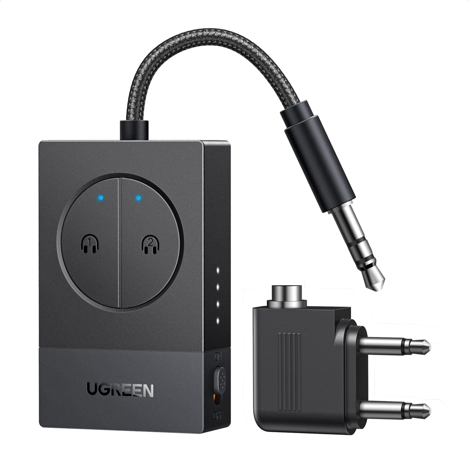 UGREEN Bluetooth Adapter Flugzeug 5.4 Transmitter für 2 Airpods oder Kopfhörer, 19 Std. Akkulaufzeit, 3,5mm AUX Bluetooth Sender Klinke, kompatibel mit Flugzeug, TV, Fitnessstudio