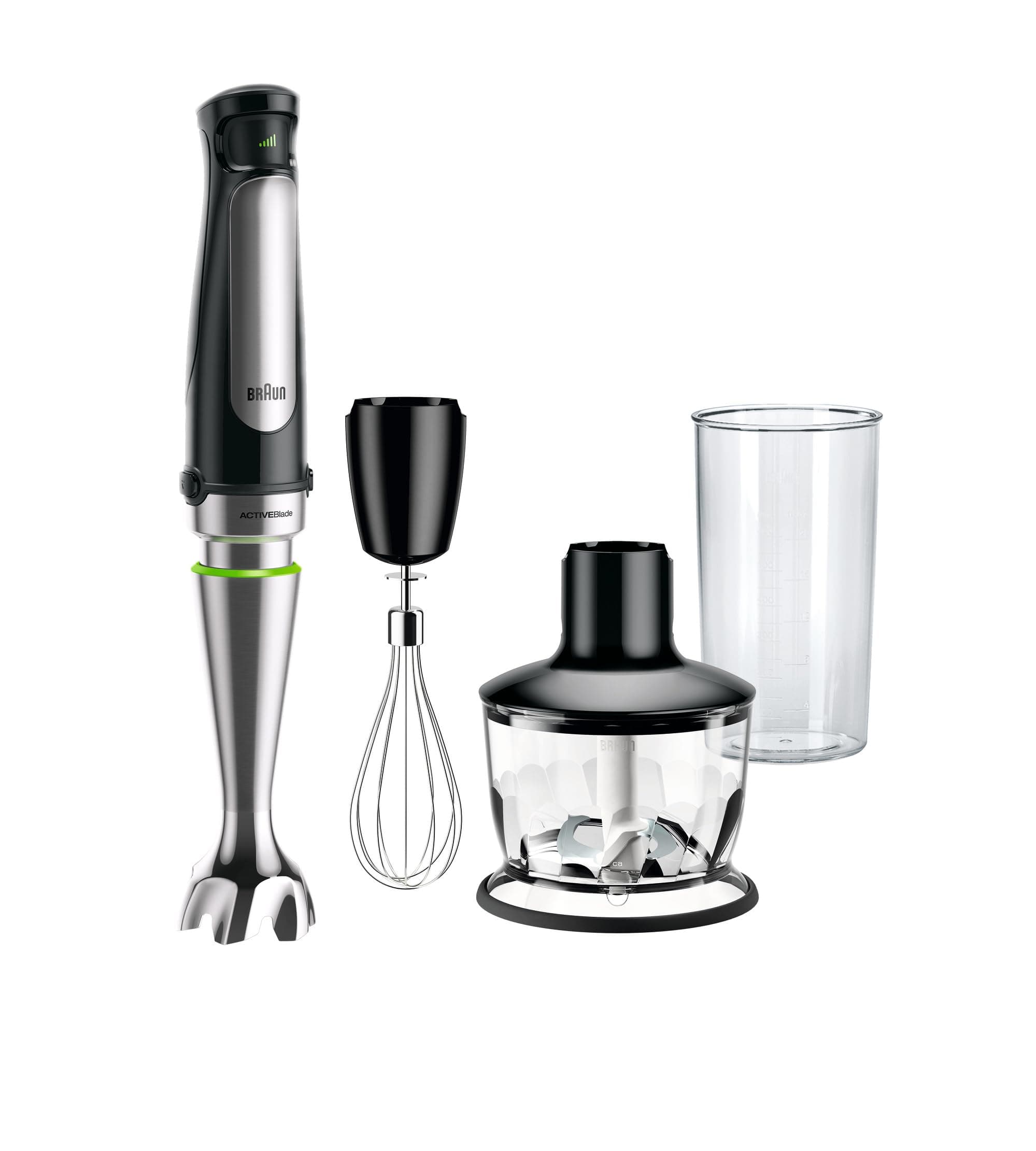 Braun MultiQuick 7 - Frullatore a Immersione con Tecnologia SplashControl, ActiveBlade, Selezione di Velocità Precisa, Tritatutto 500 mL, Frusta, Bicchiere 600 mL, 1000W, Nero (MQ7035X)
