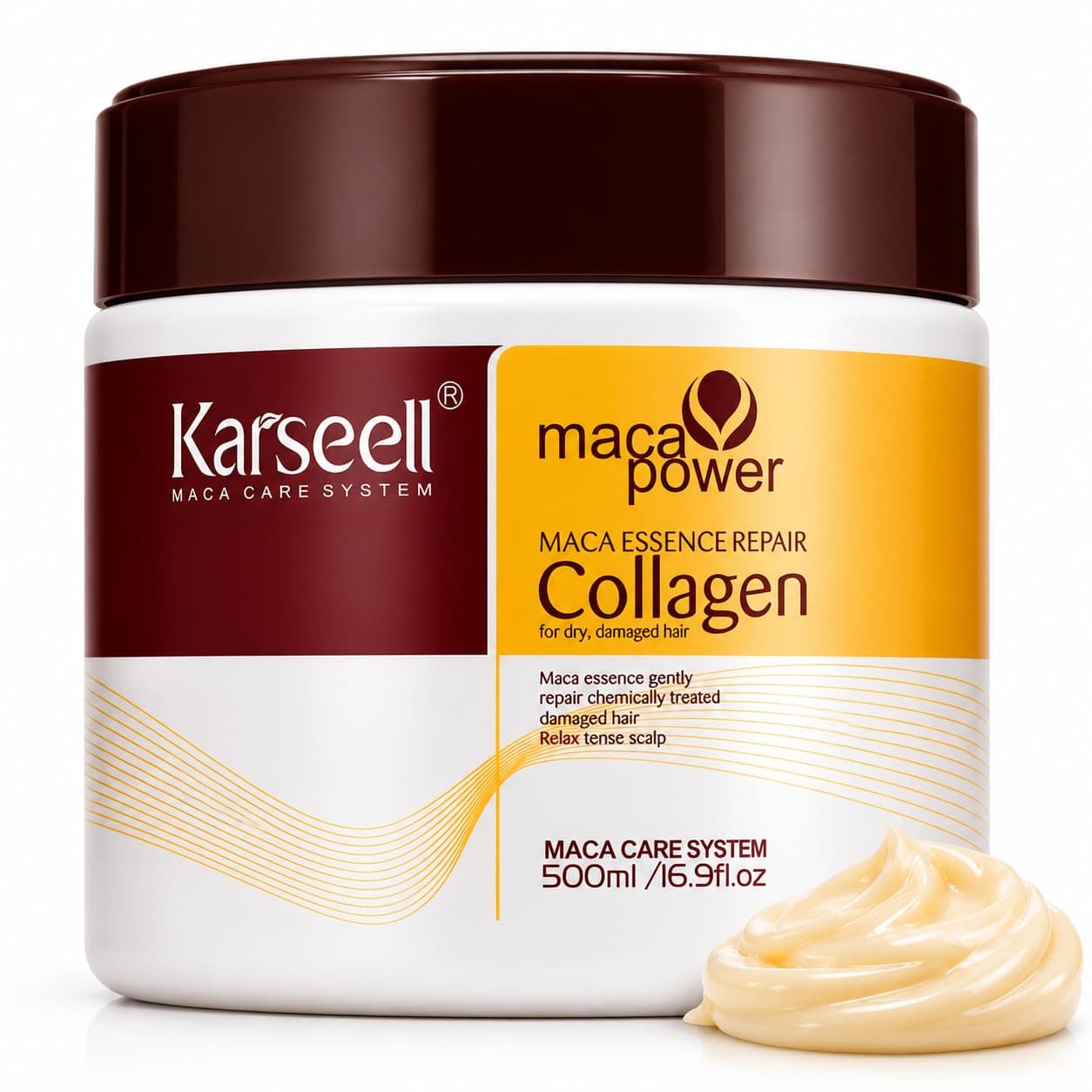 Karseell MACA CARE SYSTEM Maschera Capelli Professionale Collagene Olio Argan Cocco Avocado Cheratina Karité Ristrutturante Nutriente Idratante Anticrespo Capelli Secchi Danneggiati Rovinati 500ml