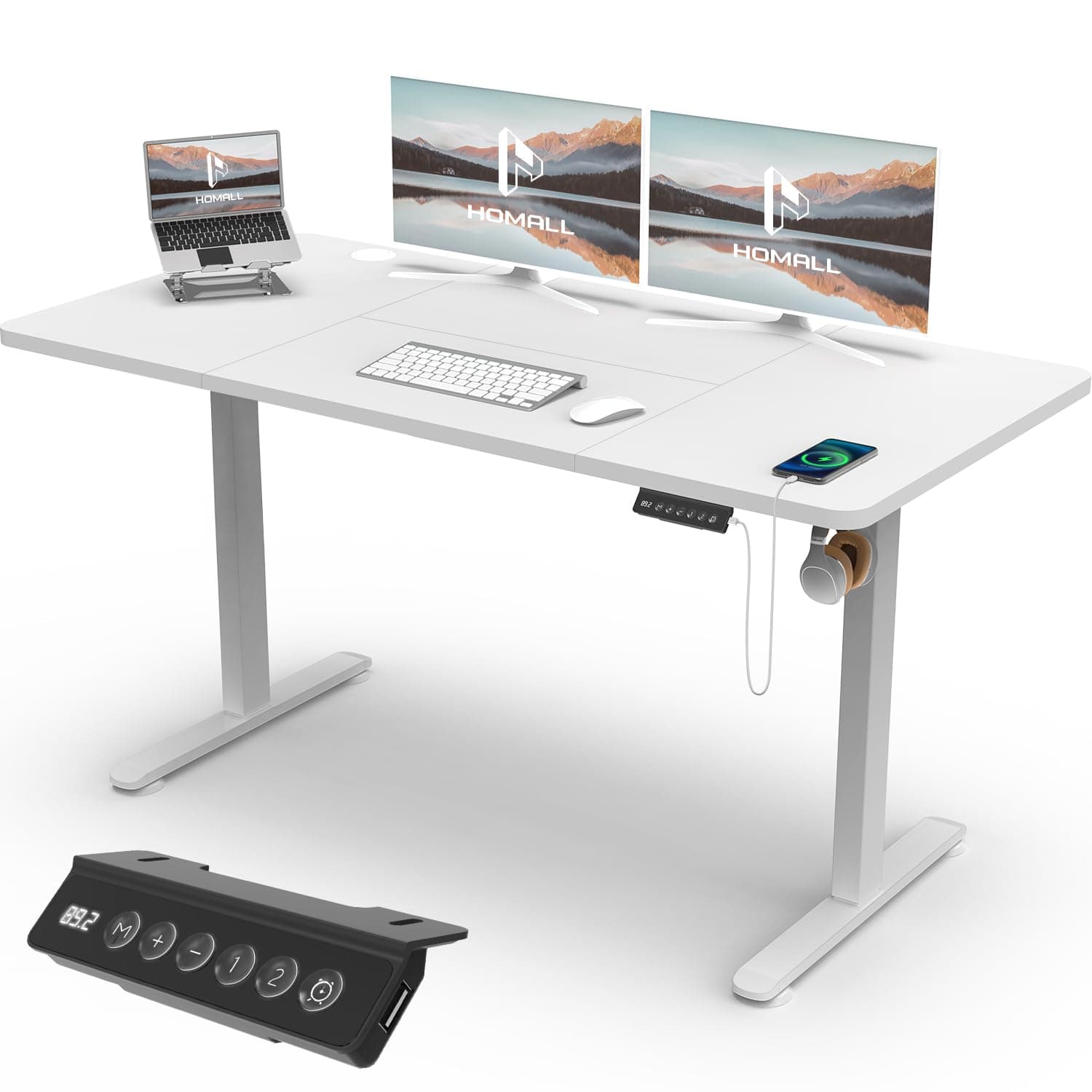 Homall Escritorio eléctrico Ajustable en Altura, con gestión de Cables y Puerto de Carga USB, Altura Ajustable de 73 a 118 cm, 2 Alturas de Memoria, Escritorio para Oficina (Blanco, 140 x 60 cm)