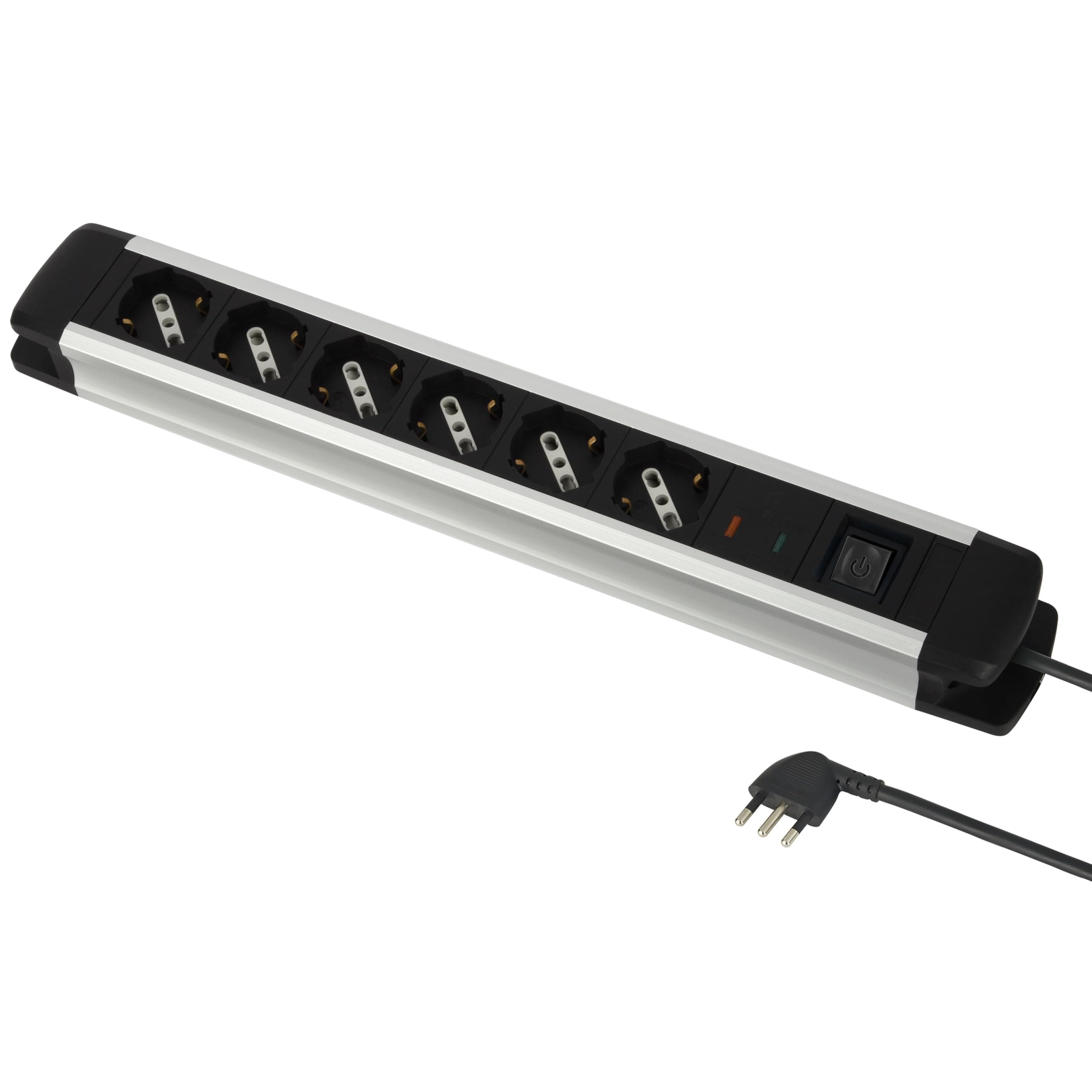 Electraline 61904 Multipresa Alu-Line 6 Posti Polivalenti, Schuko +10/16 A con Interruttore, 2 M, con Corpo in Alluminio, Spina 90° Salvaspazio 16 A con Protezione, Fissaggio a parete
