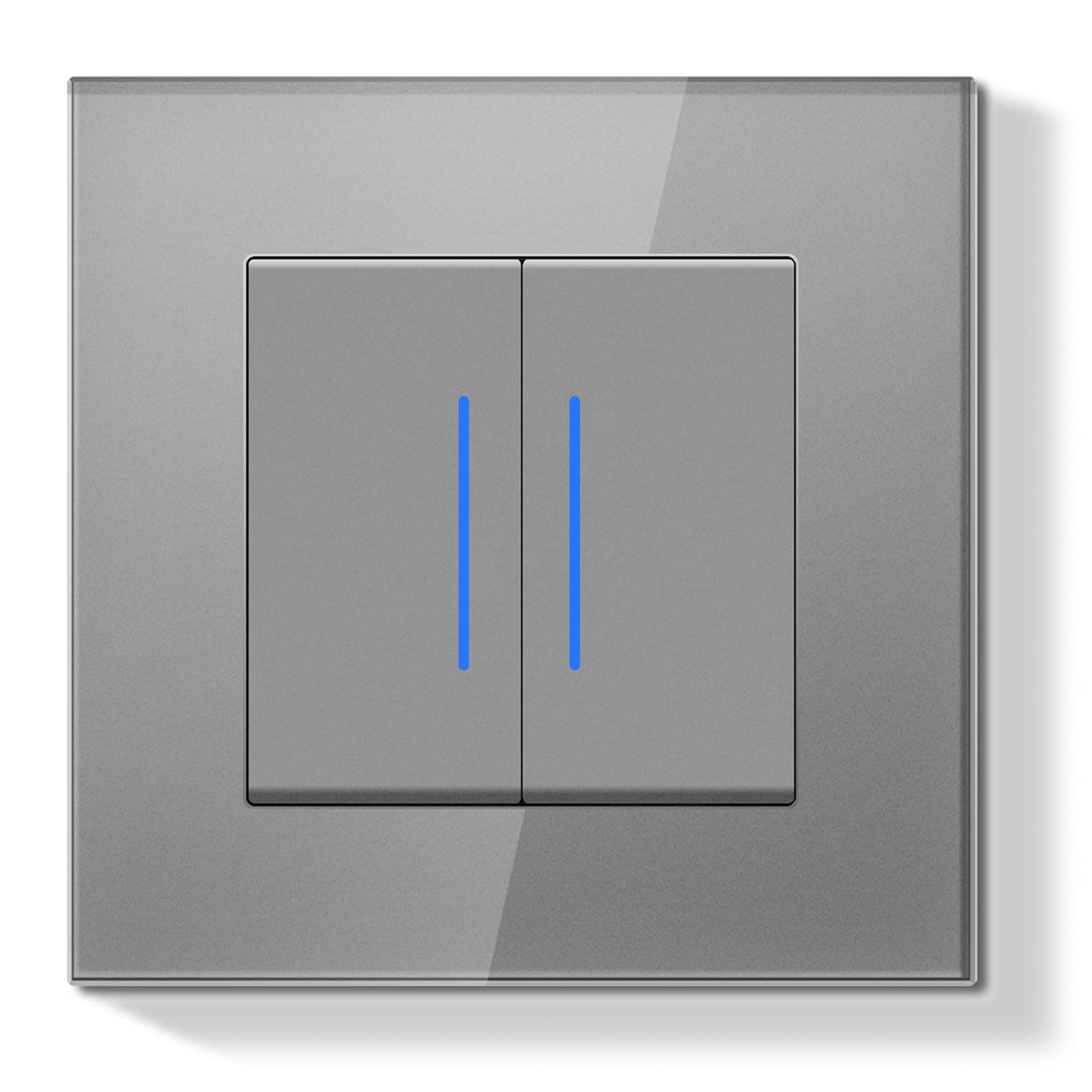 BSEEDLIFE Interruptor Pared Doble,Interruptor de Pared con Marco de Cristal con LED Indicador,2 Gang 1 Vía,Fácil Instalación Diseño de Gancho de Garra,86 * 86mm Gris