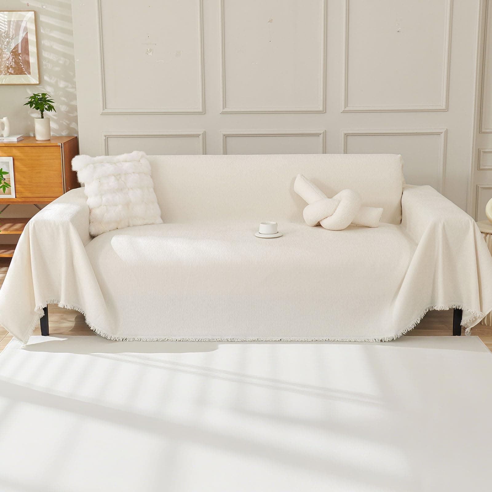 OstepDecor Copridivano 2 Posti, 180 x 260 cm, Telo Copridivano in Chenille per Tutte le Stagioni, Coperta Divano Ultrap Morbida, Anti Macchia, Facile da Pulire e Lavabile, Beige Sólido
