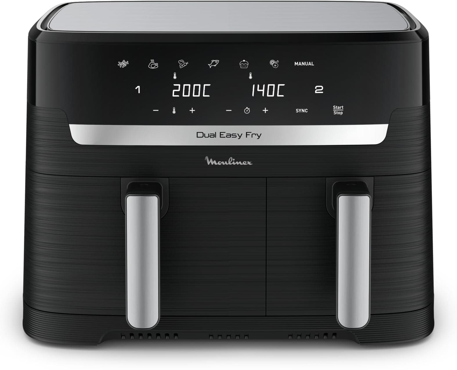 Moulinex Dual Easy Fry, Friggitrice ad Aria con Doppio Cestello XL, 8.3 L/2.2Kg, Capacità fino a 6-8 Persone, Doppia Resistenza Superiore, 7 Programmi, App Ricette, Lavabile in Lavastoviglie, EZ9018