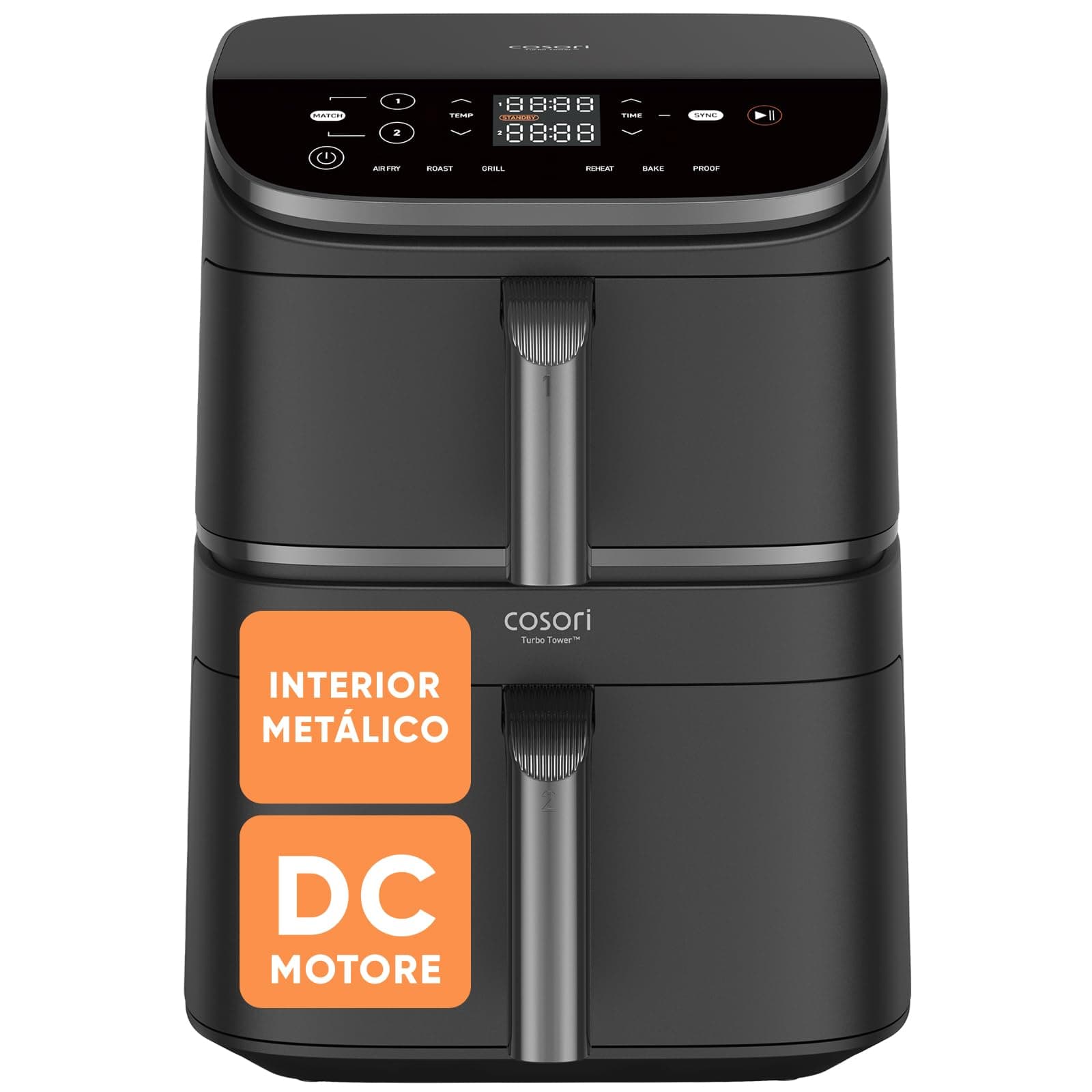 Cosori Freidora de Aire 10,8 L Turbo Tower, Doble Cesta Vertical | Tecnología Turbo Blaze™, Interior Metálico, Ocupa Menos Espacio, 3 Niveles para una Dieta Equilibrada, 6 Funciones, 2630W
