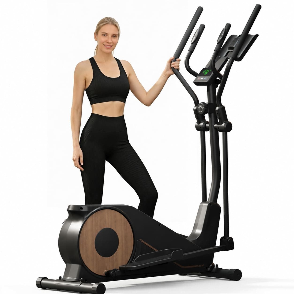 Aeriflo Bicicleta Elíptica para Casa, Zancada 42 cm, Volante 8 kg, 150 kg | Elíptica fitness magnética, 16 niveles de resistencia, Bluetooth y App, silenciosa, monitor LCD y sensores de pulso
