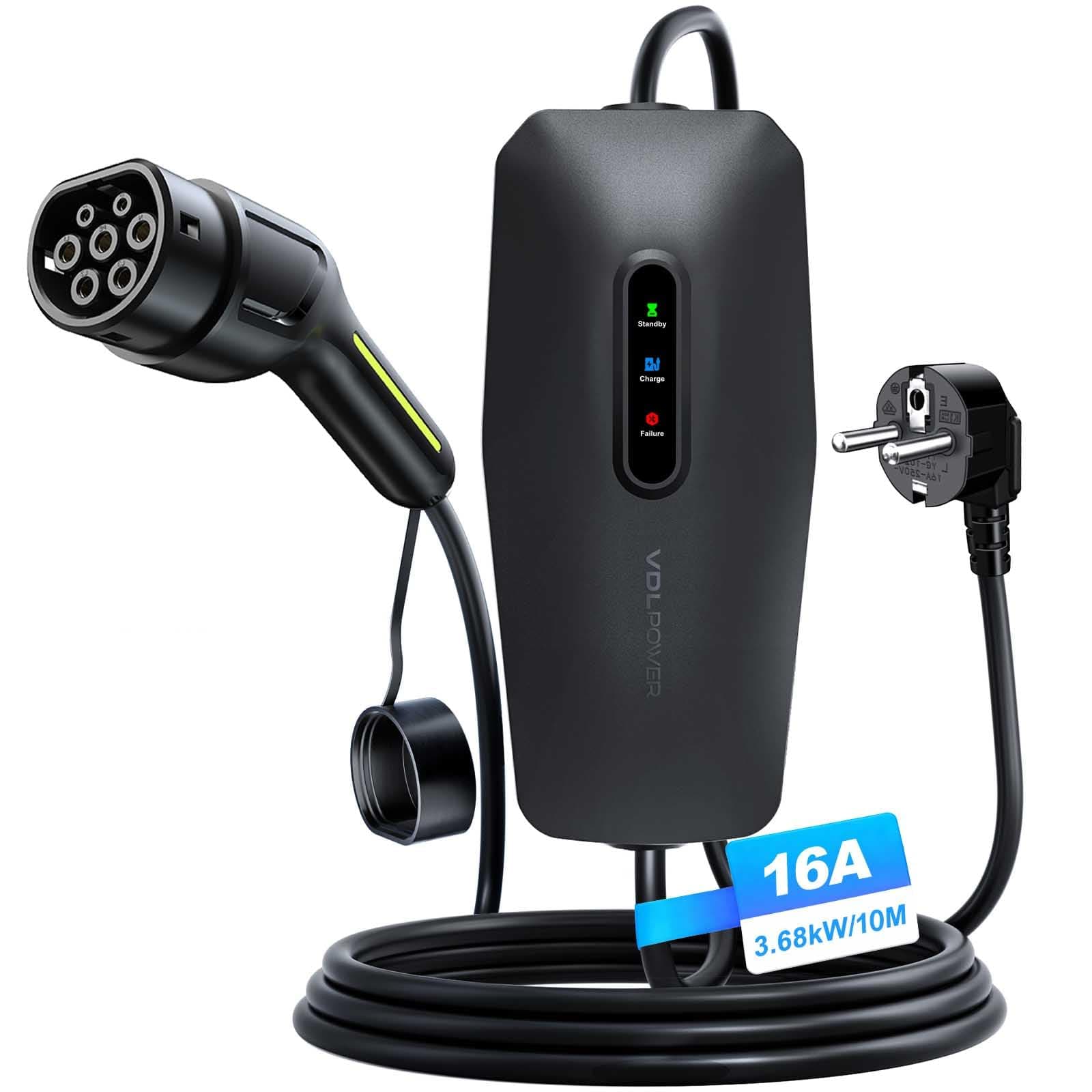 Chargeur Voiture Electrique,3.68KW/10M EV Chargeur Type 2, Cable Recharge Véhicule Electrique 16A avec EU Schuko Prise, Borne de Recharge Monophasé IP65, Compatible avec E-208, Model Y/3,ID.3, ID.4