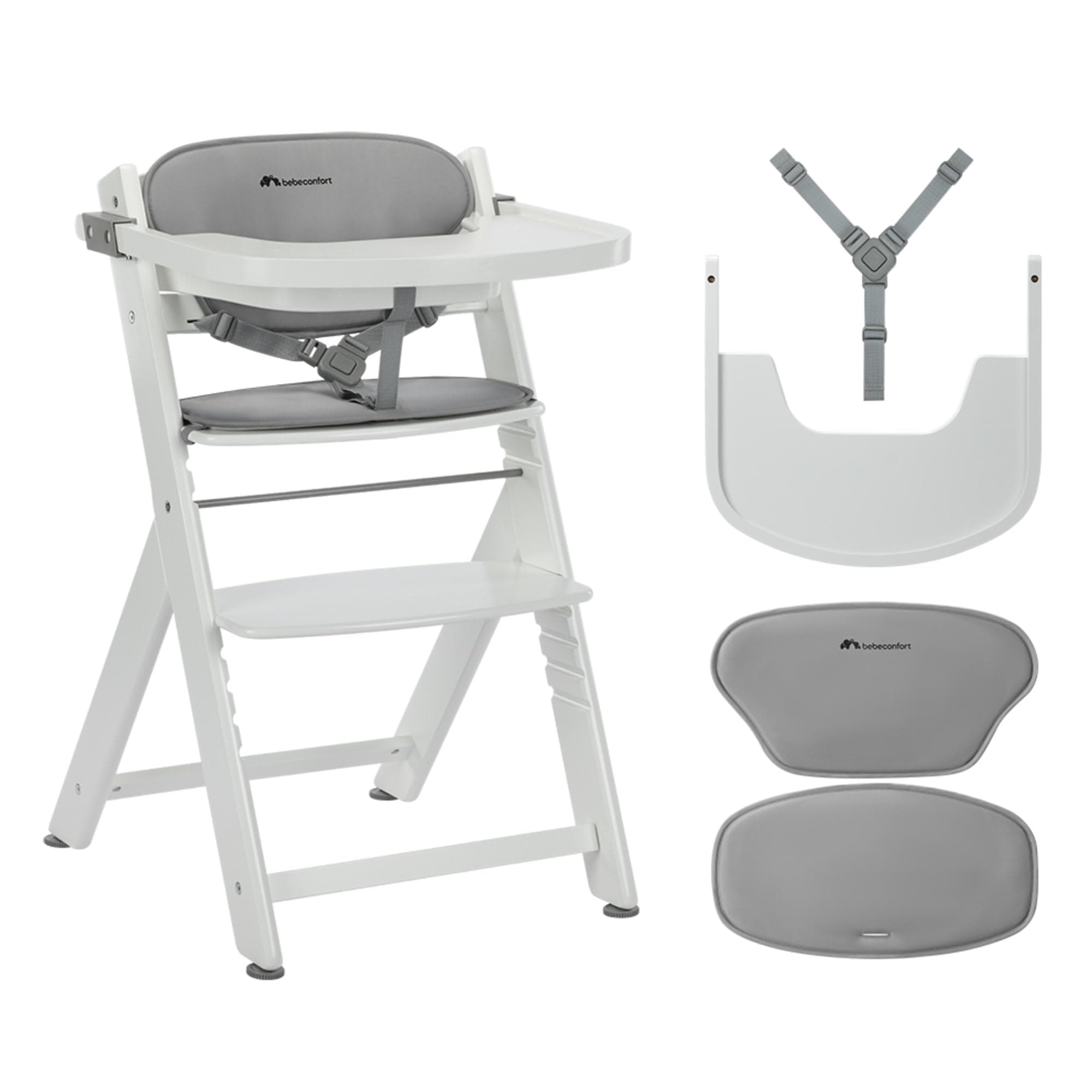 Bebeconfort Timba 2 con Cojín, Trona Bebé Evolutiva, Desde 6 meses hasta 110 kg, Silla Trona Bebé Comedor Ergonómica, Apta Todo Tipo Mesas, Bandeja Extraíble, Con Arnés, Blanco + Gris