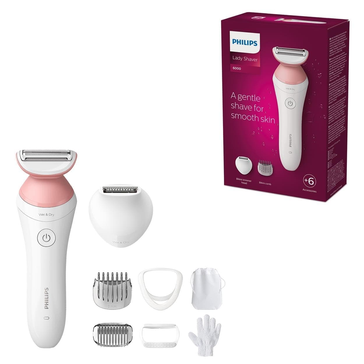 Philips Rasoir féminin Série 6000 sans fil avec 6 accessoires inclus, dont un gant exfoliant, une tondeuse bikini (modèle BRL146/00)