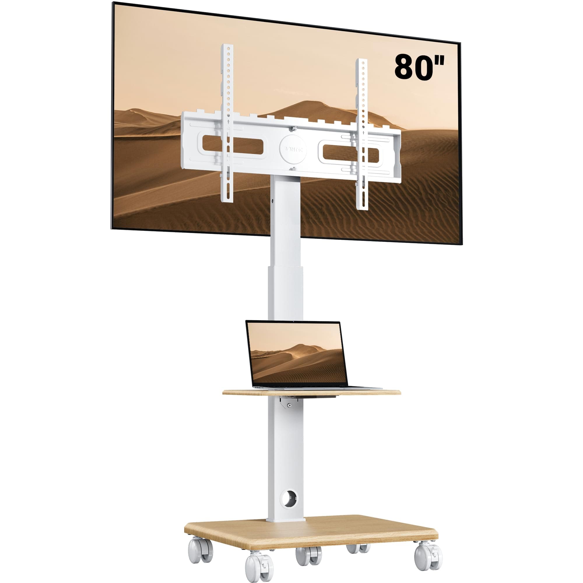 BONTEC Support TV sur Pied à 5 roulettes, 32-80 Pouces, Charge 60 kg | Pied TV Universel Hauteur Réglable 1210-1500 mm, Inclinaison, Pivotement, Socle en Bois, VESA 600 x 400 mm