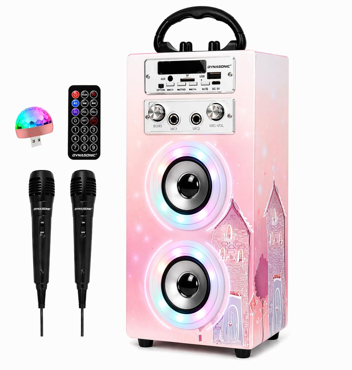 Dynasonic Karaoke Altavoz Bluetooth Portatil, 2 Micrófonos, USB/SD/AUX, Luces LED, Batería Recargable. Regalo para niños, comunión, cumpleaños y Fiestas