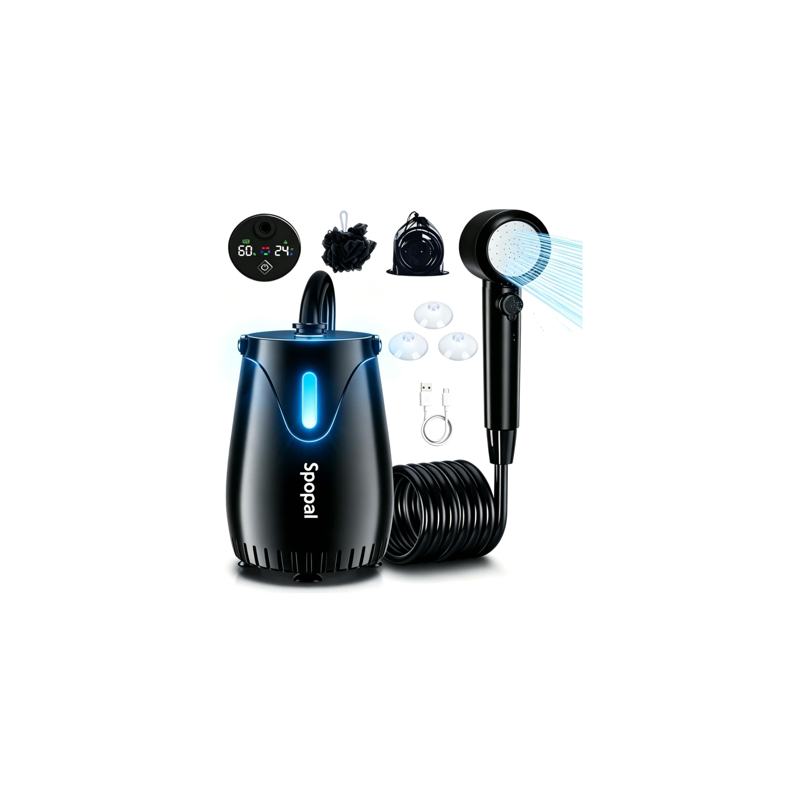 Spopal Douche de Camping, [Mode Veilleuse & Rechargeable ] Douche Portable Camping,8000mAh,IPX8,5 Vitesses Réglables,avec Écran LED,Type-C,pour Camping,Extérieure,Bain des Animaux Domestiques