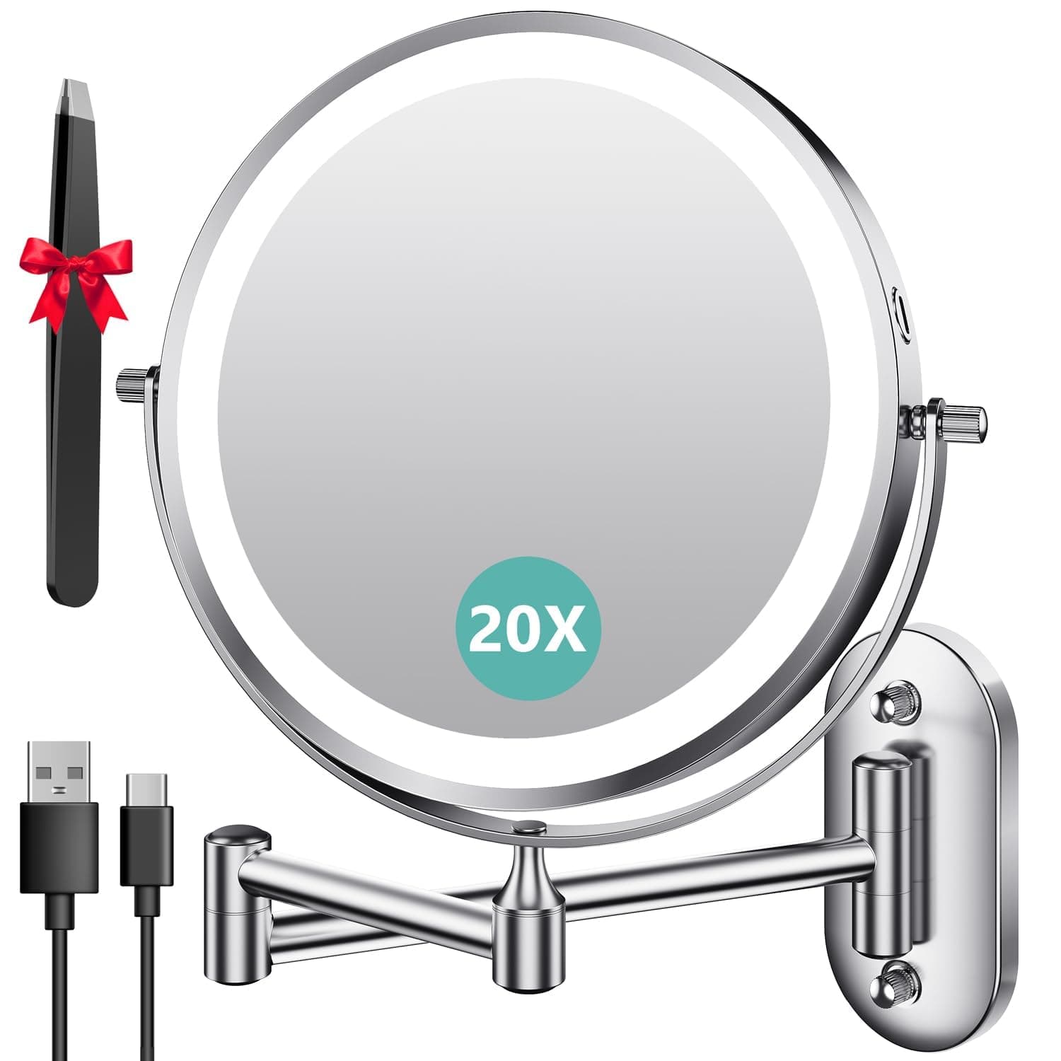 Auxmir 8 Pouces Miroir Grossissant Lumineux Mural x20, Miroir Grossissant Mural avec 3 Modes de Couleur, 1X/20X Grossissement Charge USB, Écran Tactile, 360° Pivotant et Extensible pour Salles de Bain