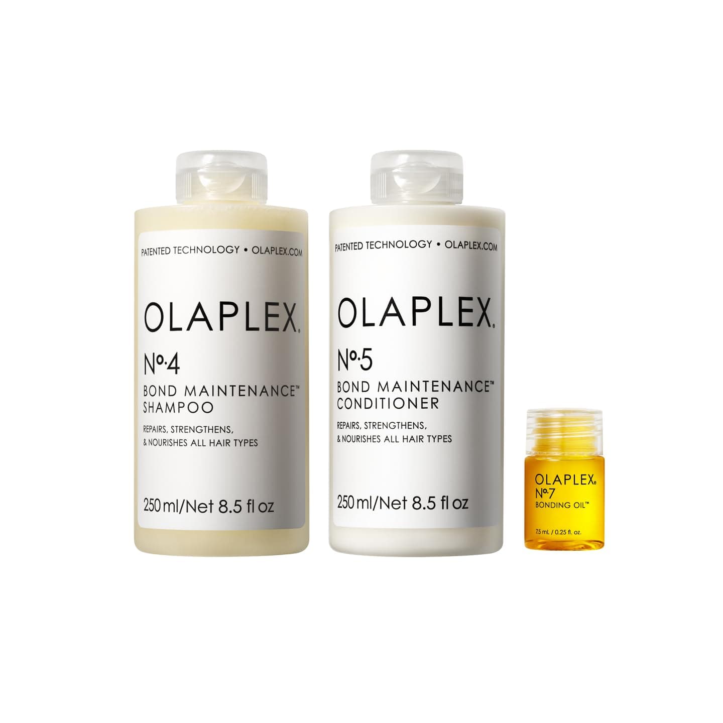 Kit per capelli Olaplex Wash and Shine: N°.4, 5, 7 - Set shampoo e balsamo per detergere, idratare e controllare l'effetto crespo fino a 72 ore, Bonding Oil per esaltare la lucentezza e proteggere.