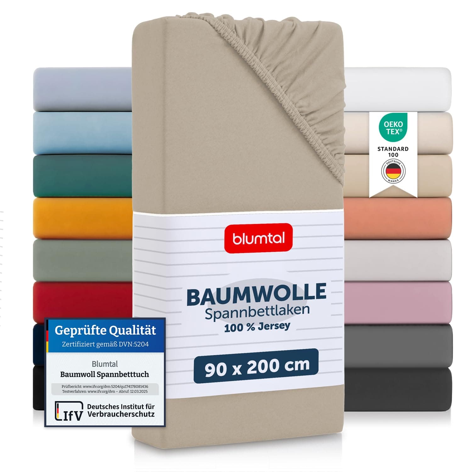 Blumtal® Baumwolle Spannbettlaken 90x200 cm Basics Jersey - Oeko-TEX zertifiziertes Spannbetttuch 90x200 cm - Bettbezug - Leintuch - Taupe