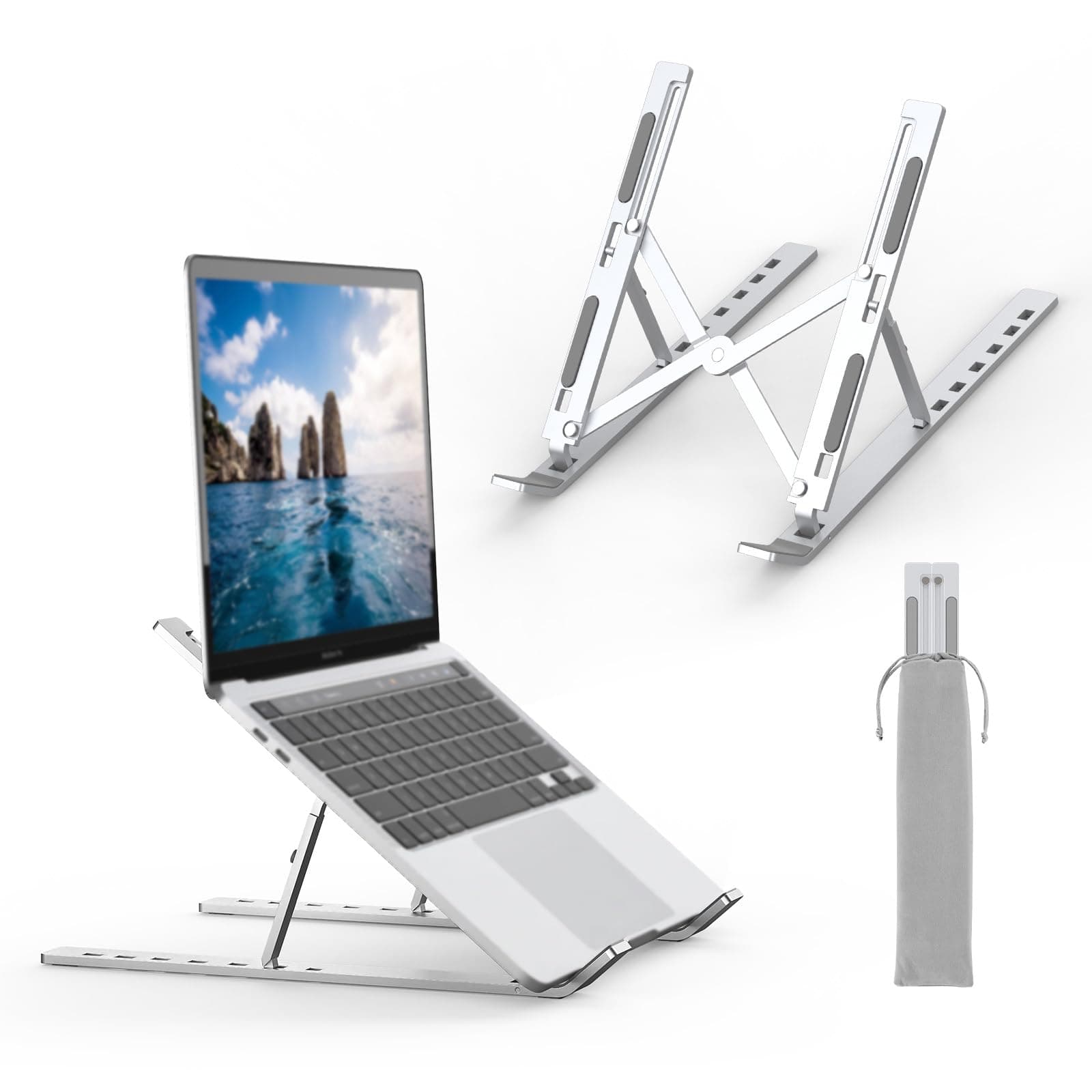 GRIFEMA GB1054 Support Ordinateur Portable Réglable, Support PC Pliable en Aluminium 7 Niveaux de Hauteur, Compatible MacBook Air/Pro, Dell 10-17,3 Pouces, Léger et Stable -Argent