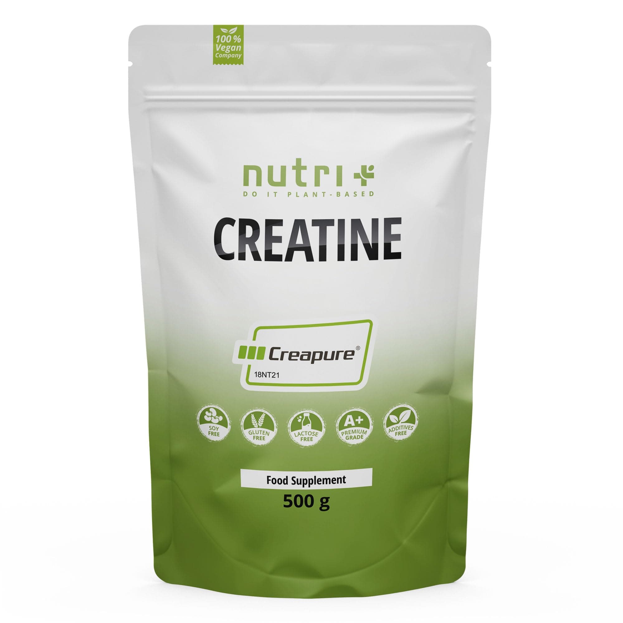 Nutri + Creapure 500g - Creatin Monohydrat Pulver - 100% rein - Ultrafeines Kreatin Neutral hochdosiert - Creatine Powder Vegan aus Deutschland
