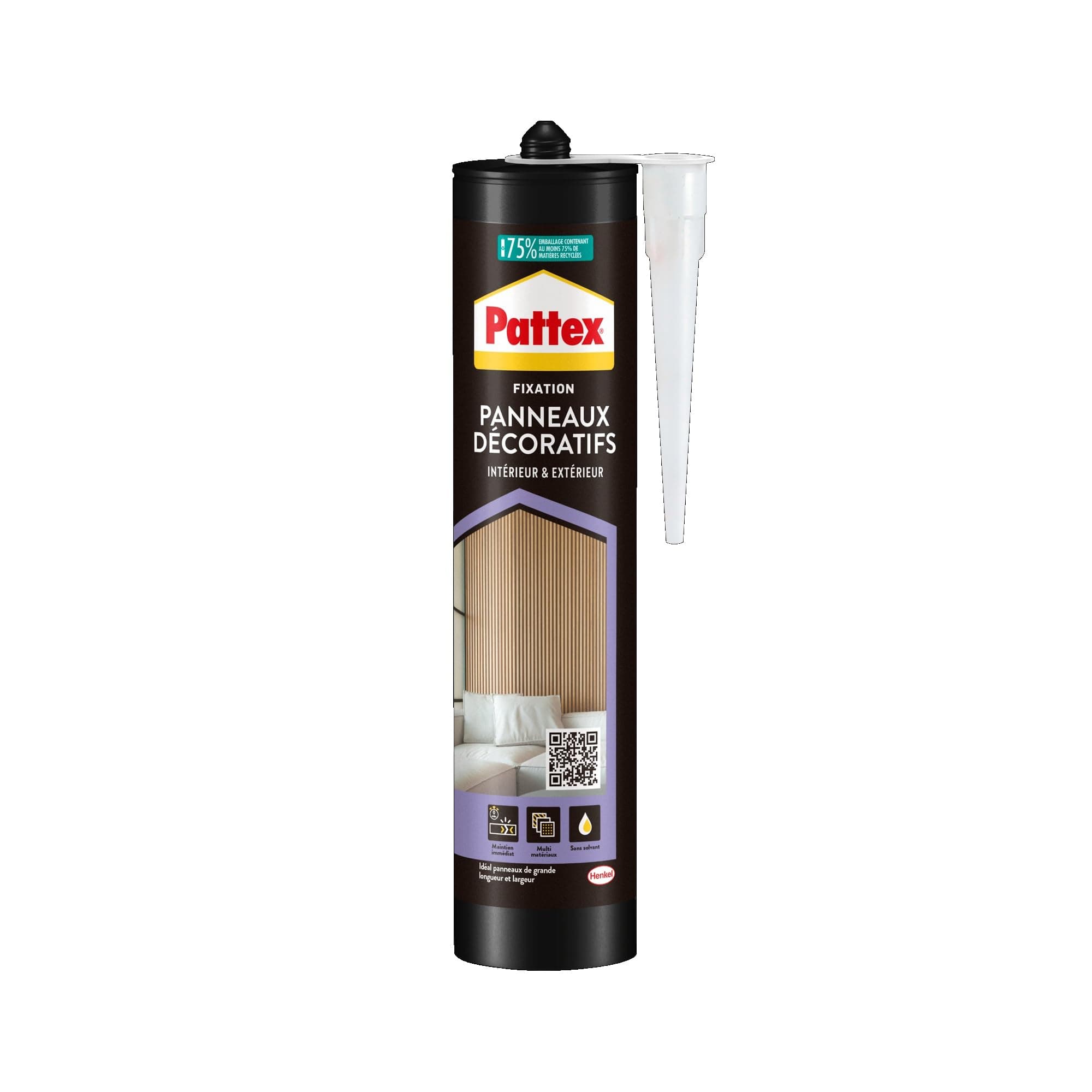 Pattex Colle Fixation Panneaux Décoratifs (cartouche 470 g) – fixation multi-matériaux, résistante ultra forte