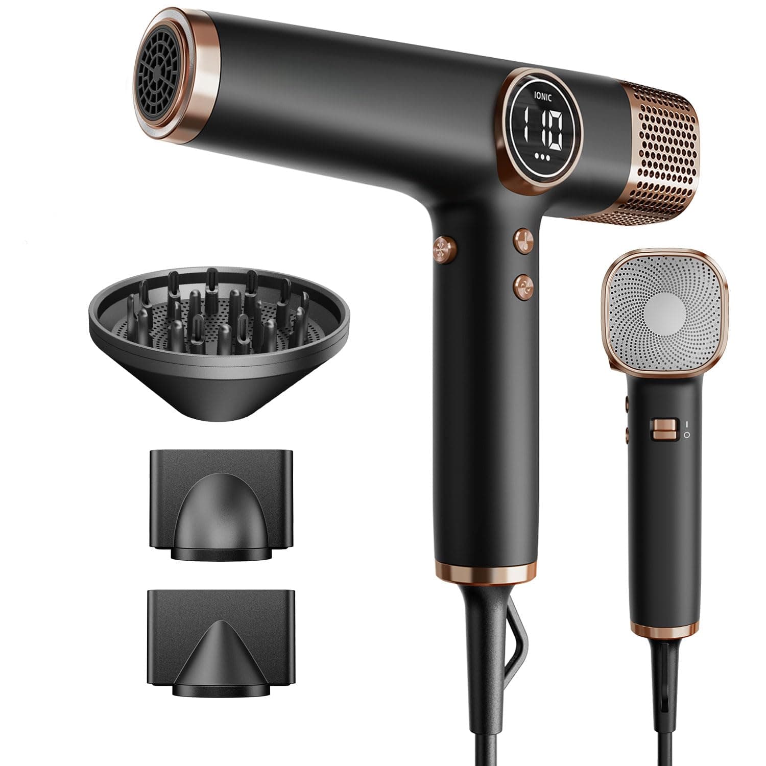 Faszin Secador de Pelo Profesional y Ligero con Motor de 110,000 RPM, Secado Rápido, 200 Millones de Iones, Bajo Ruido, Pantalla LED y 3 Boquillas Magnéticas, Ideal para el Hogar y el Salón
