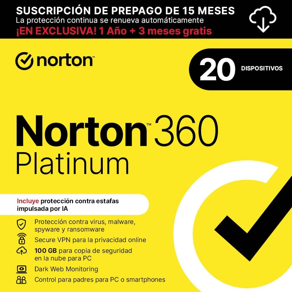 Norton 360 Platinum 2026| Antivírus 20 Dispositivos| 15 meses con renovación automática| Descarga digital