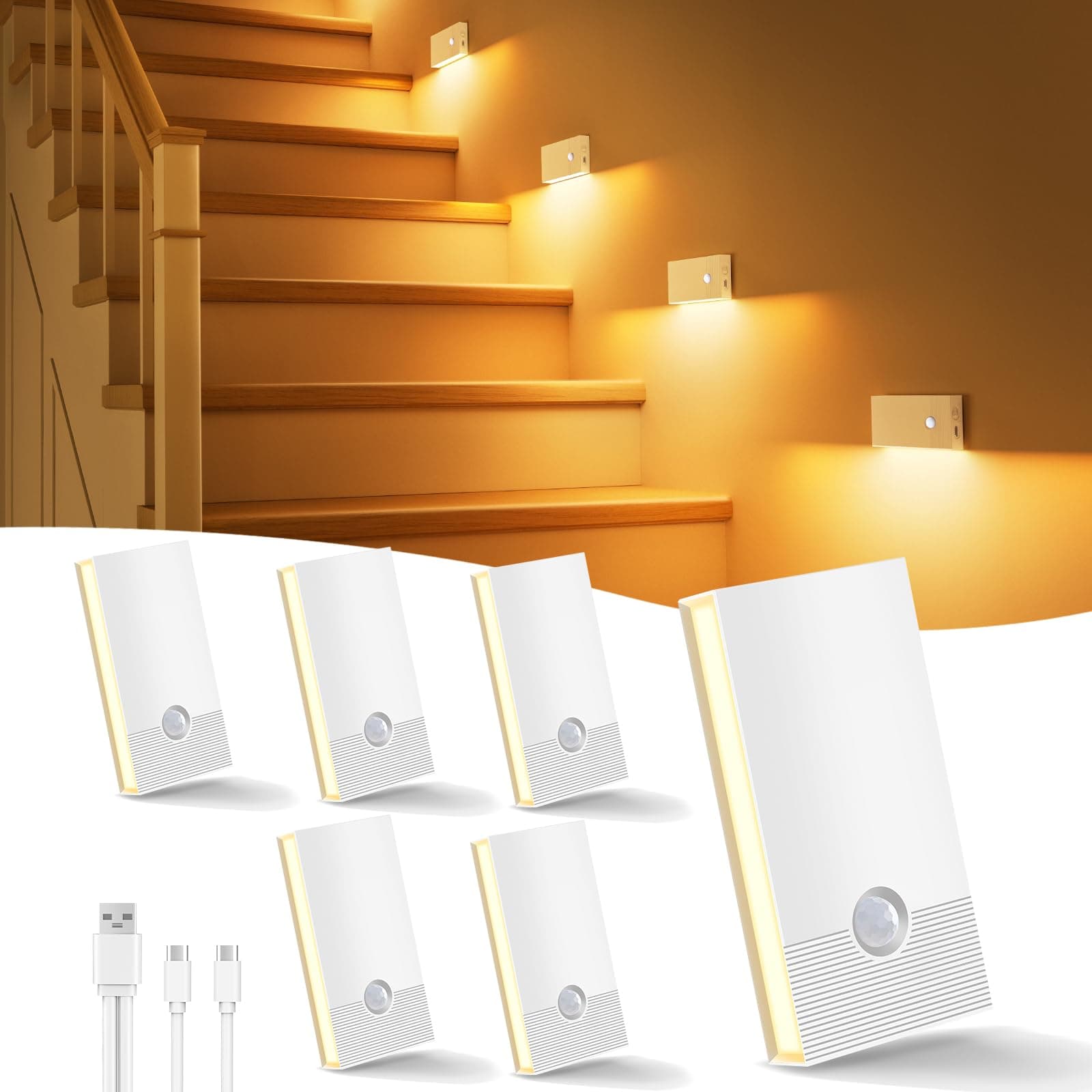 Swoieltr Veilleuse detecteur de mouvement, Lot De 6 Lampe Detecteur de mouvement interieur 2700K, USB Rechargeable Veilleuse à Induction pour Armoires, Chambres, Escaliers, Cuisines, Couloirs, Blanche