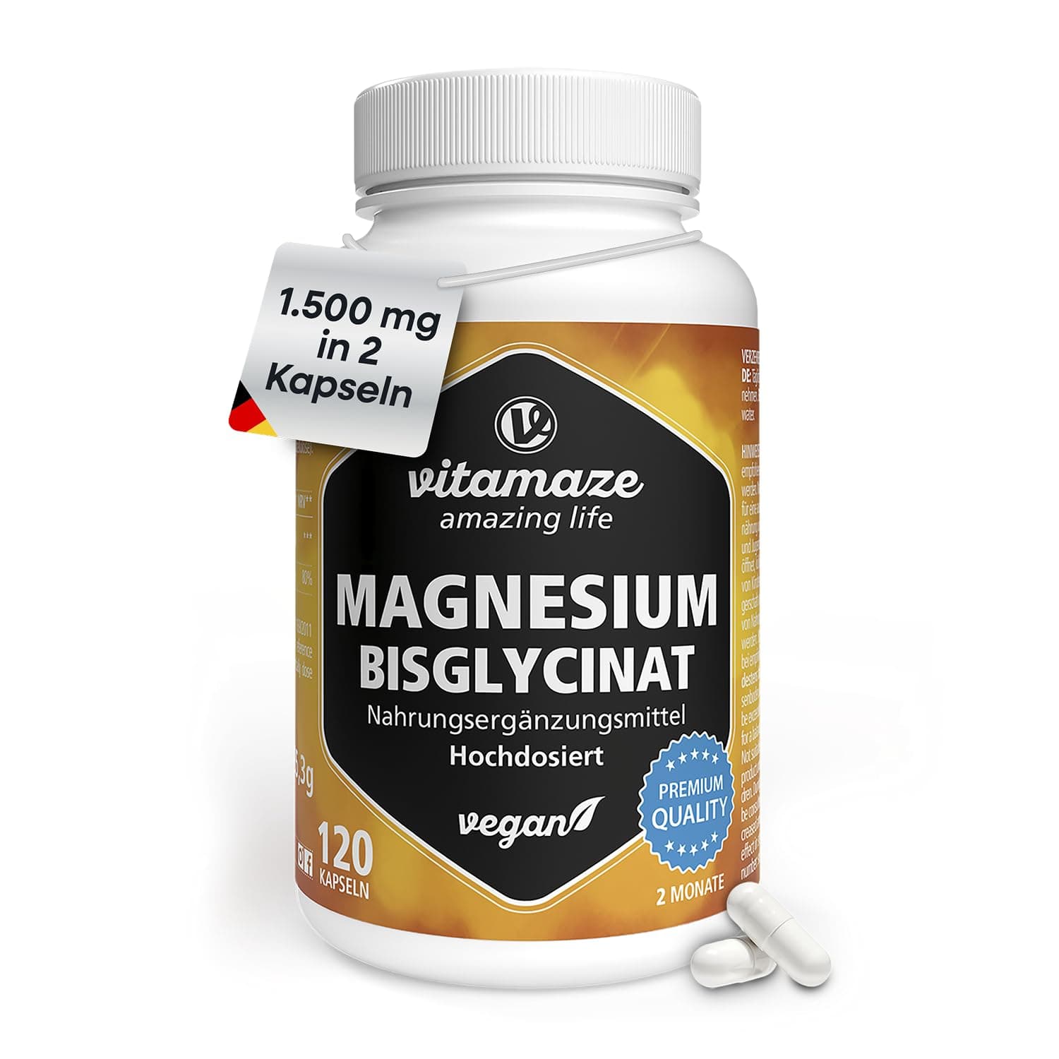 Magnesium Bisglycinat Kapseln hochdosiert, 1500 mg in nur 2 Kapseln davon 300 mg elementares Magnesium pro Tagesdosis, 120 vegane Kapseln für 2 Monate, ohne Zusatzstoffe, Made in Germany