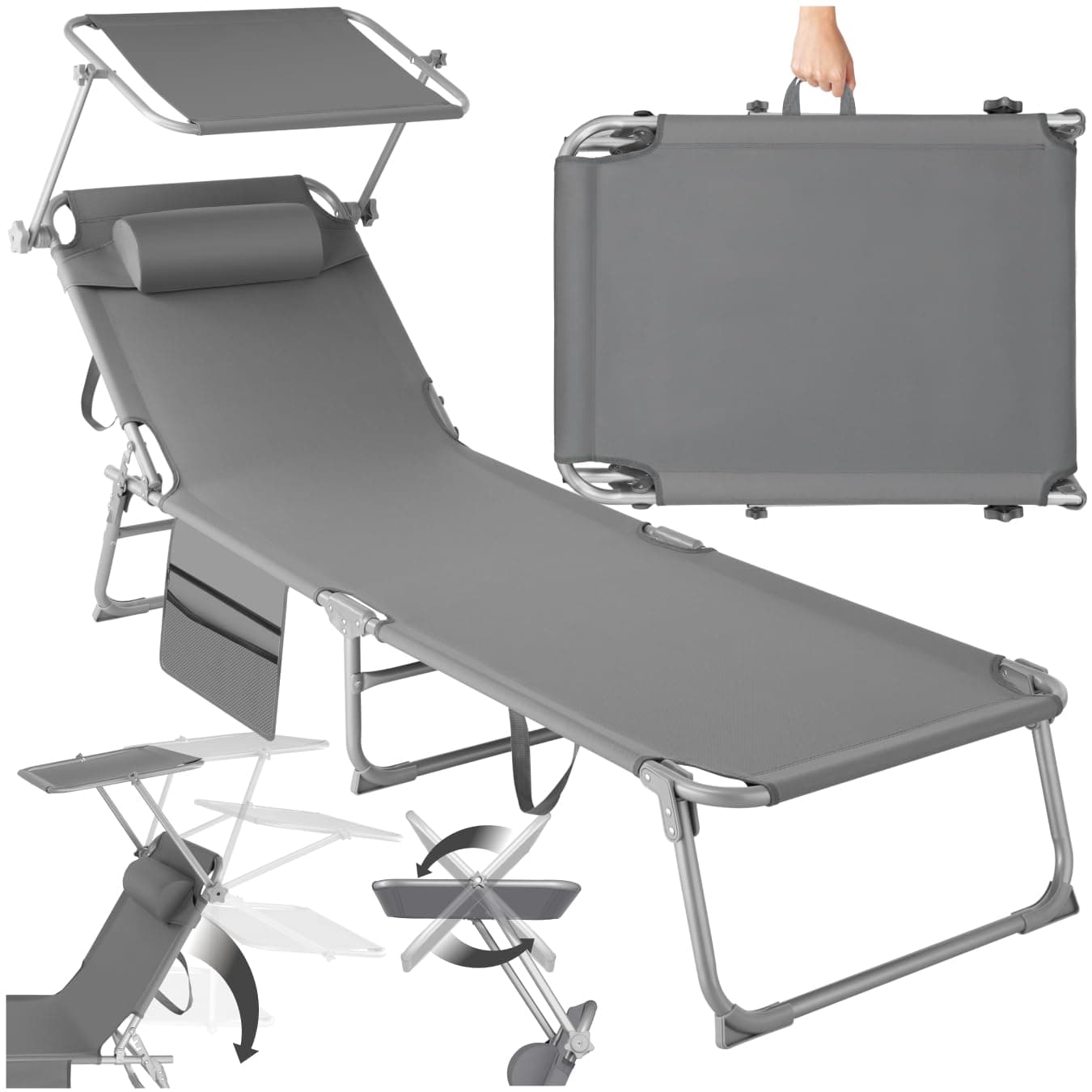 tectake® Sonnenliege klappbar, tragbar, Liege mit Seitentasche, Strandliege, Gartenliege mit Dach, Liegestuhl mit Verstellbarer Rückenlehne, inkl. Kopfkissen - für Balkon, Terrasse, Camping - grau