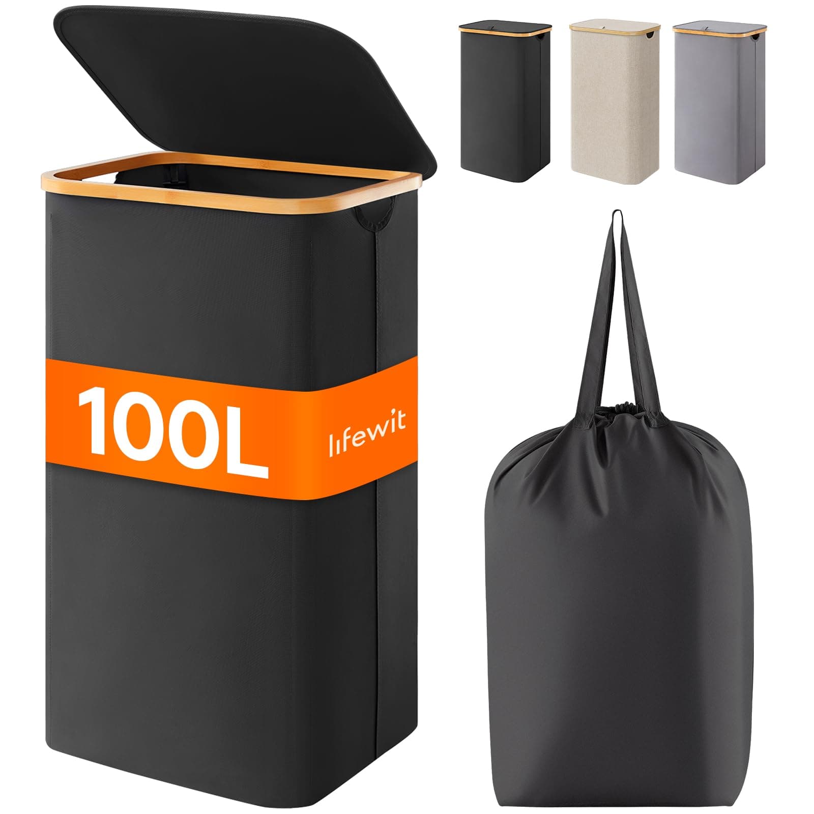 Lifewit Cesto para la Ropa Sucia de 100L con Tapa, Cesta para la Colada con Asas de Bambú y Una Bolsa Extraíble, Cesto de Ropa Plegable Grande para Dormitorio, Cuarto de Baño, Lavadero, Negro