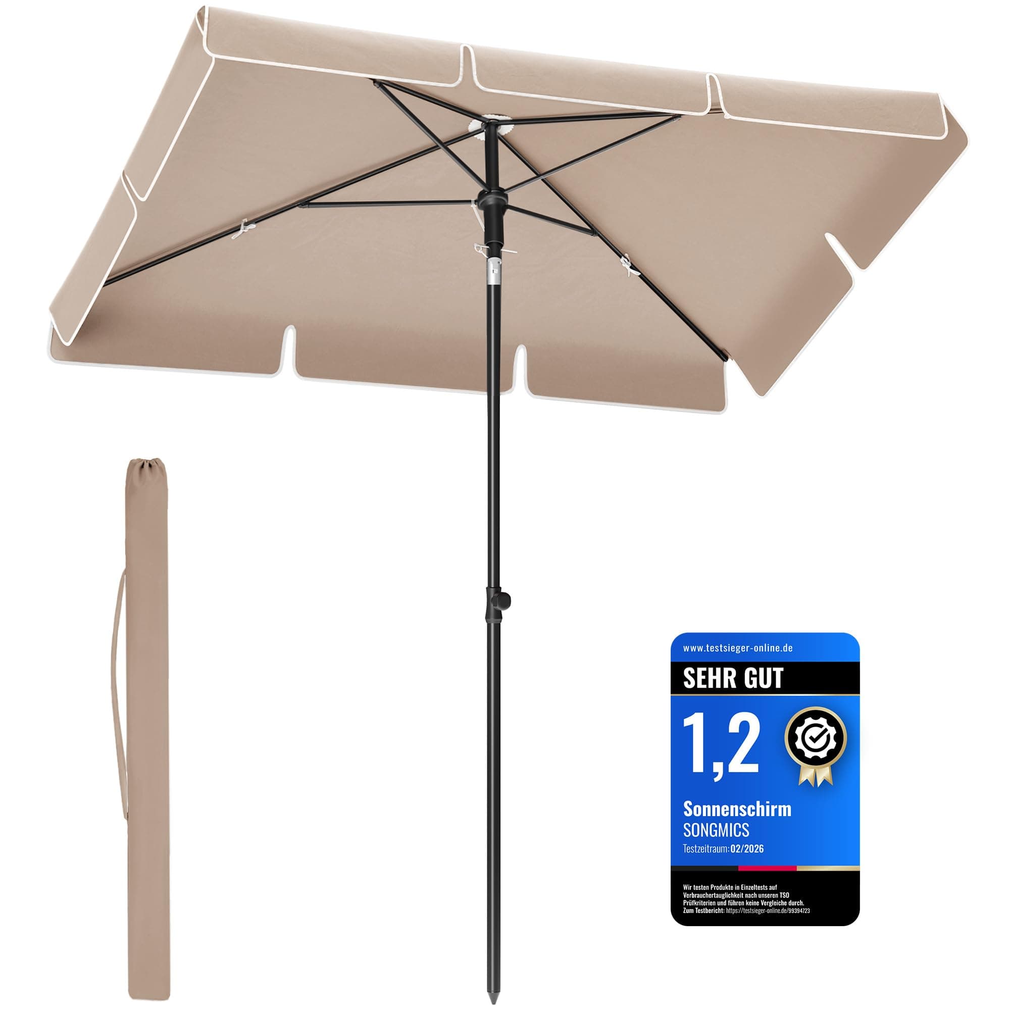 SONGMICS Sonnenschirm 230 x 150 cm, Balkonschirm UPF 50+, Sonnenschutz, beidseitig um 30° knickbar, höhenverstellbar, mit Aufbewahrungstasche, für Garten, Terrasse, ohne Ständer, taupe GPU044K01