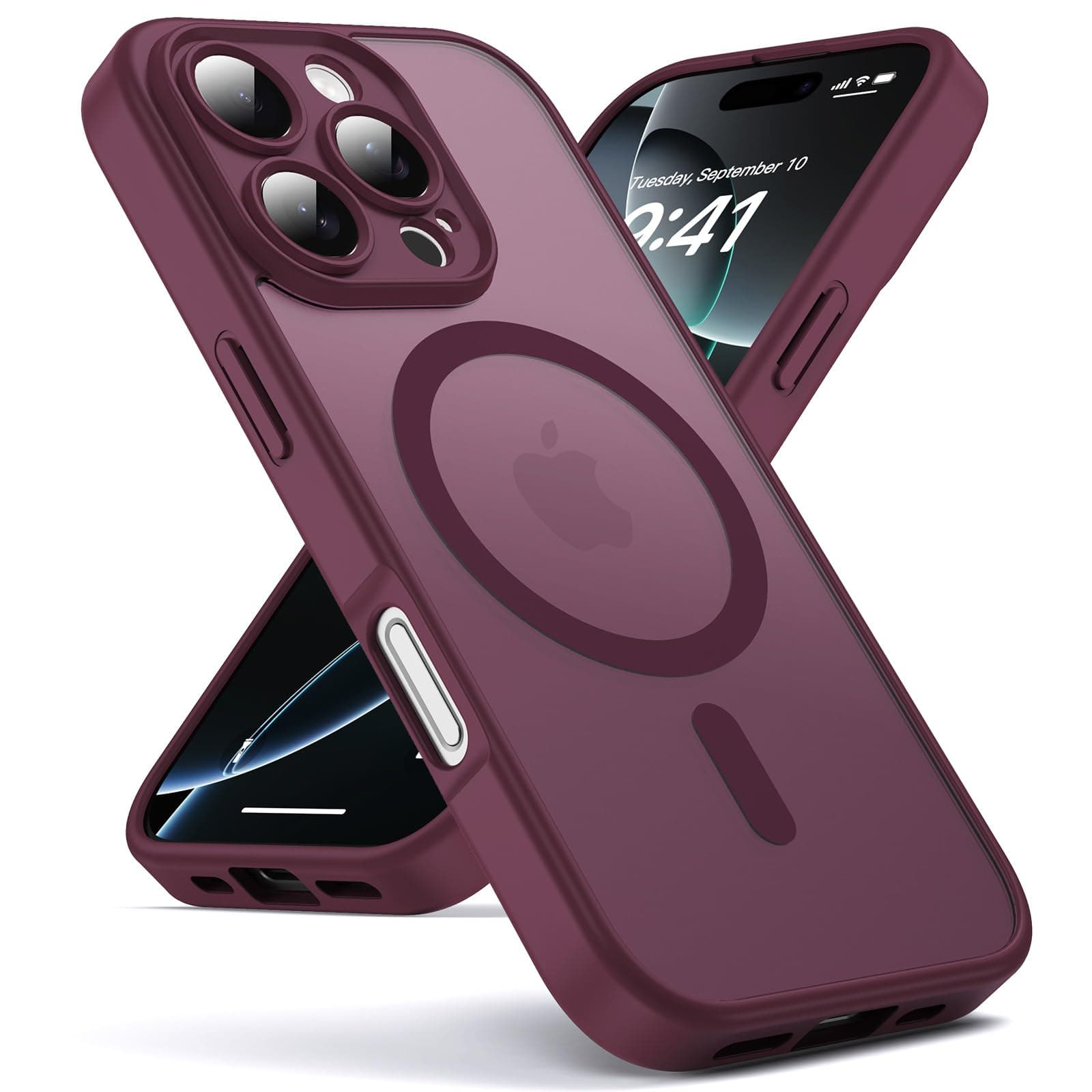 Oududianzi-Coque pour iPhone 16 Pro Max Compatible avec MagSafe Magnétique, Housse de Arrière Translucide Givrée PC, TPU Silicone Bumper Étui Protection Antichoc Militaire Anti-Empreintes-Bordeaux
