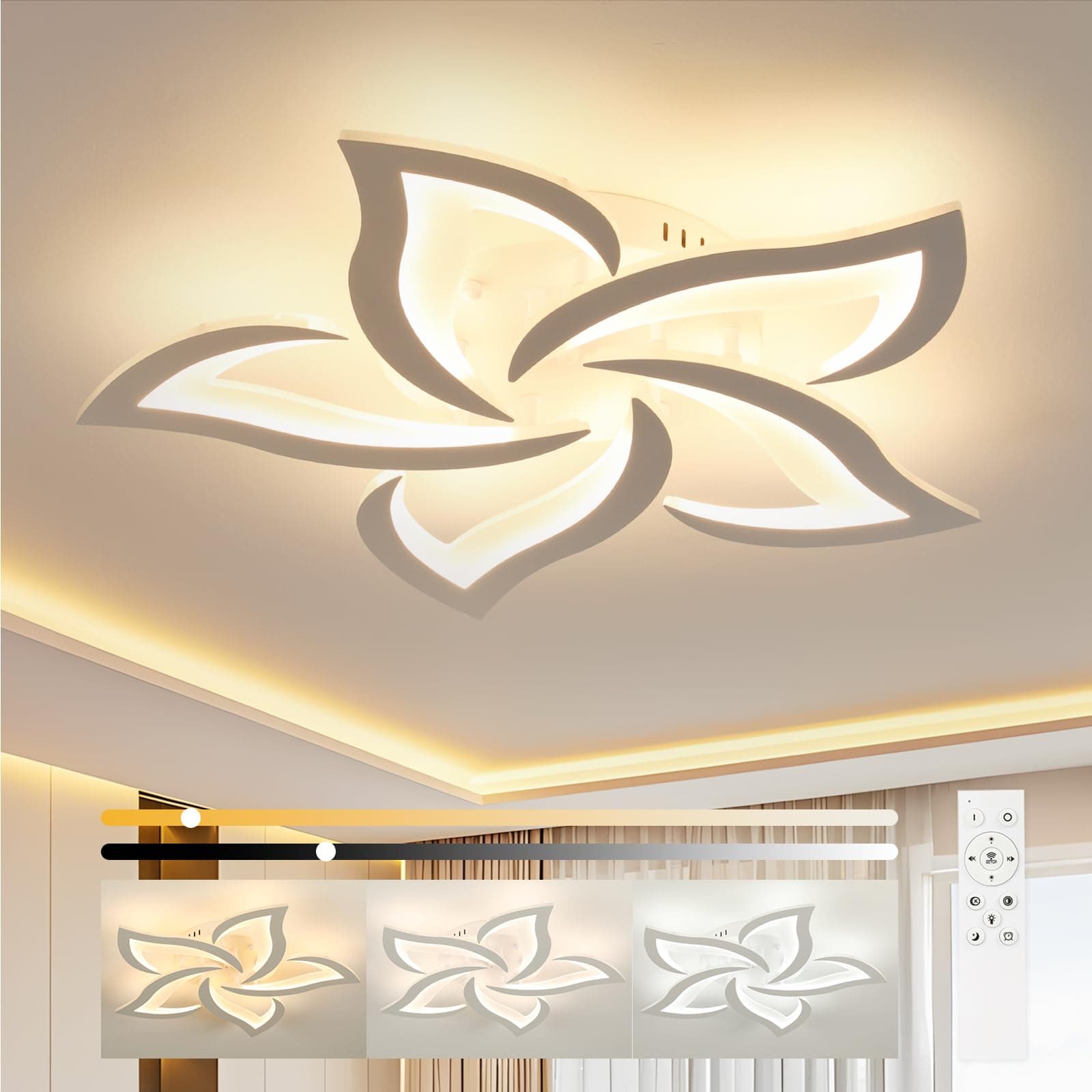 OTREN Lampadario Camera da Letto Moderno 60cm 48W, Plafoniera LED Soffitto Dimmerabile con Telecomando, 3000K–6500K, Luce Notturna, Timer e Funzione Memoria, Design a Petali, per Soggiorno e Cucina