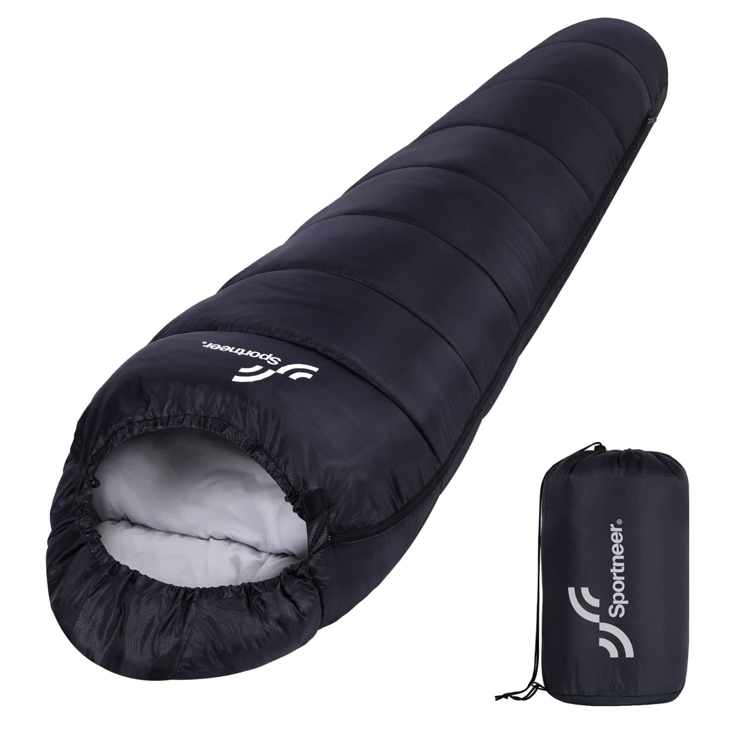 Sportneer Saco de Dormir Momia 3 Estaciones, Saco Dormir Ligero y Cálido con Capucha y Cordón, Relleno Aislante, Ideal para Camping, Senderismo y Viajes