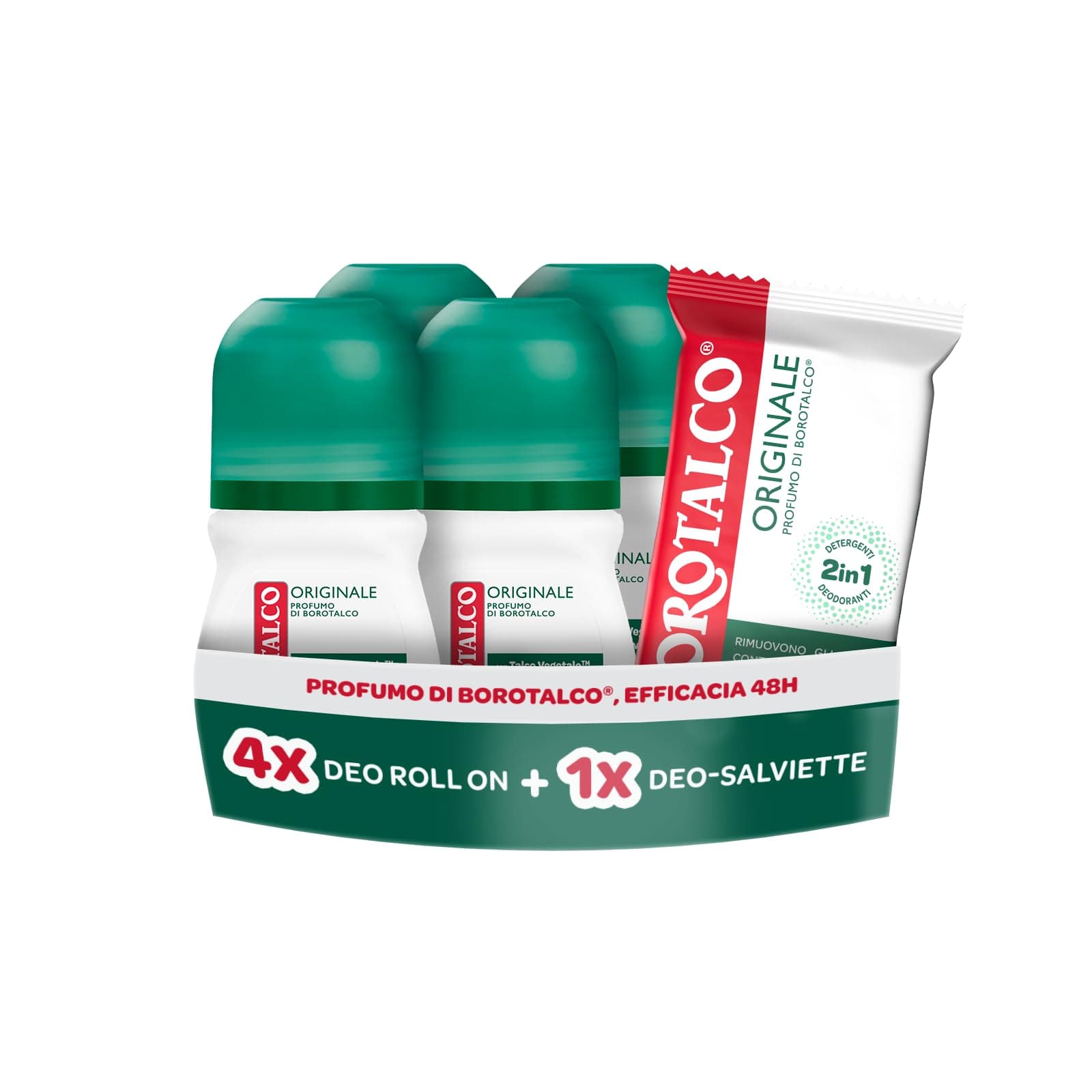 Borotalco, Kit con 4 Deodoranti Roll On e Deo-Salviette, con Talco Vegetale e Molecole Anti‑Odore, Azione Detergente e Deodorante, Durata 48h, Senza Alcol, 4x150 ml, 12 Salviette - Esclusiva Amazon