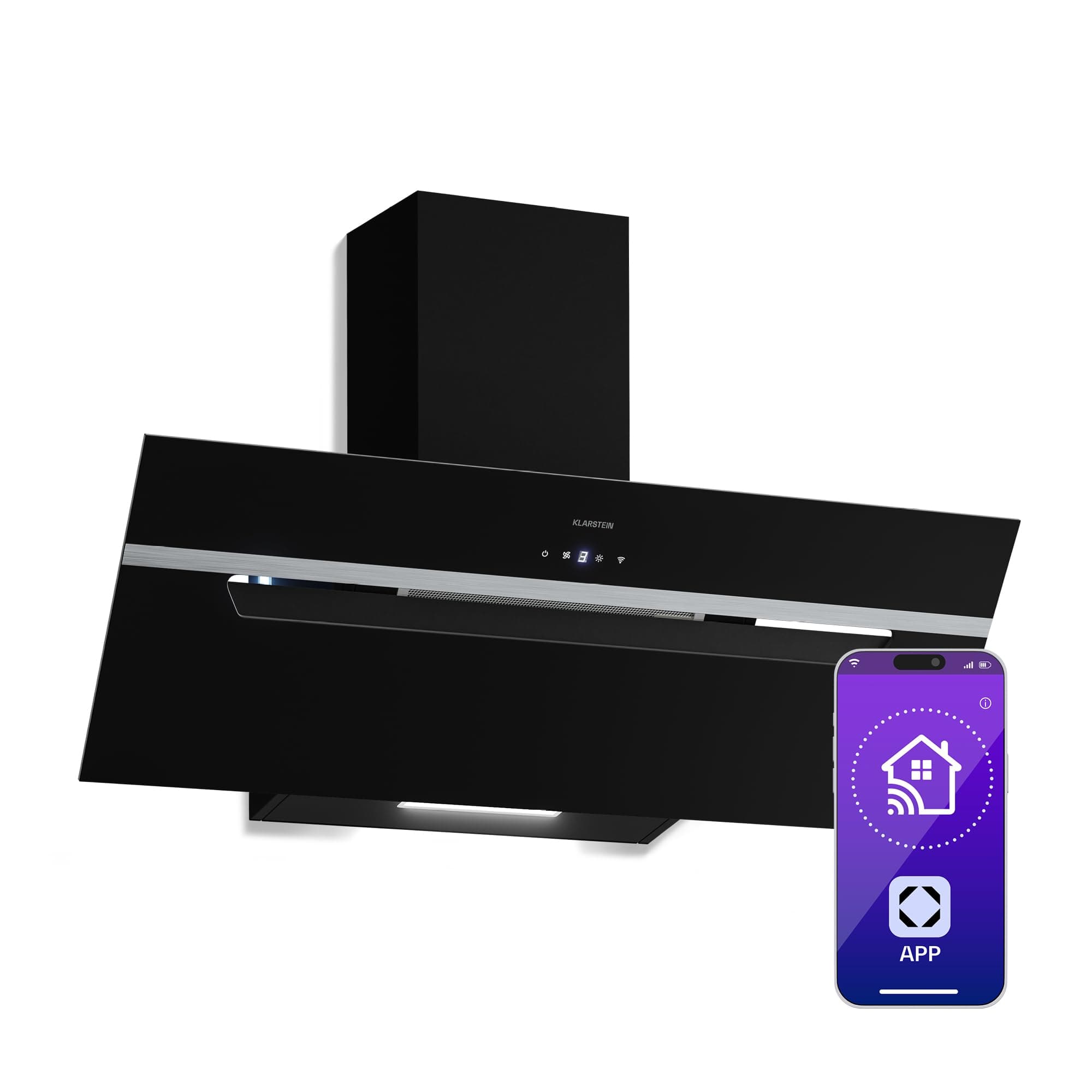 Klarstein BigBite Hotte Aspirante 90 cm - Hotte Décorative Inclinée, 417 m³/h, A+++, LED, 3 Vitesses & Boost, Filtre Charbon, Tactile, Recyclage ou Évacuation, Design Verre Noir