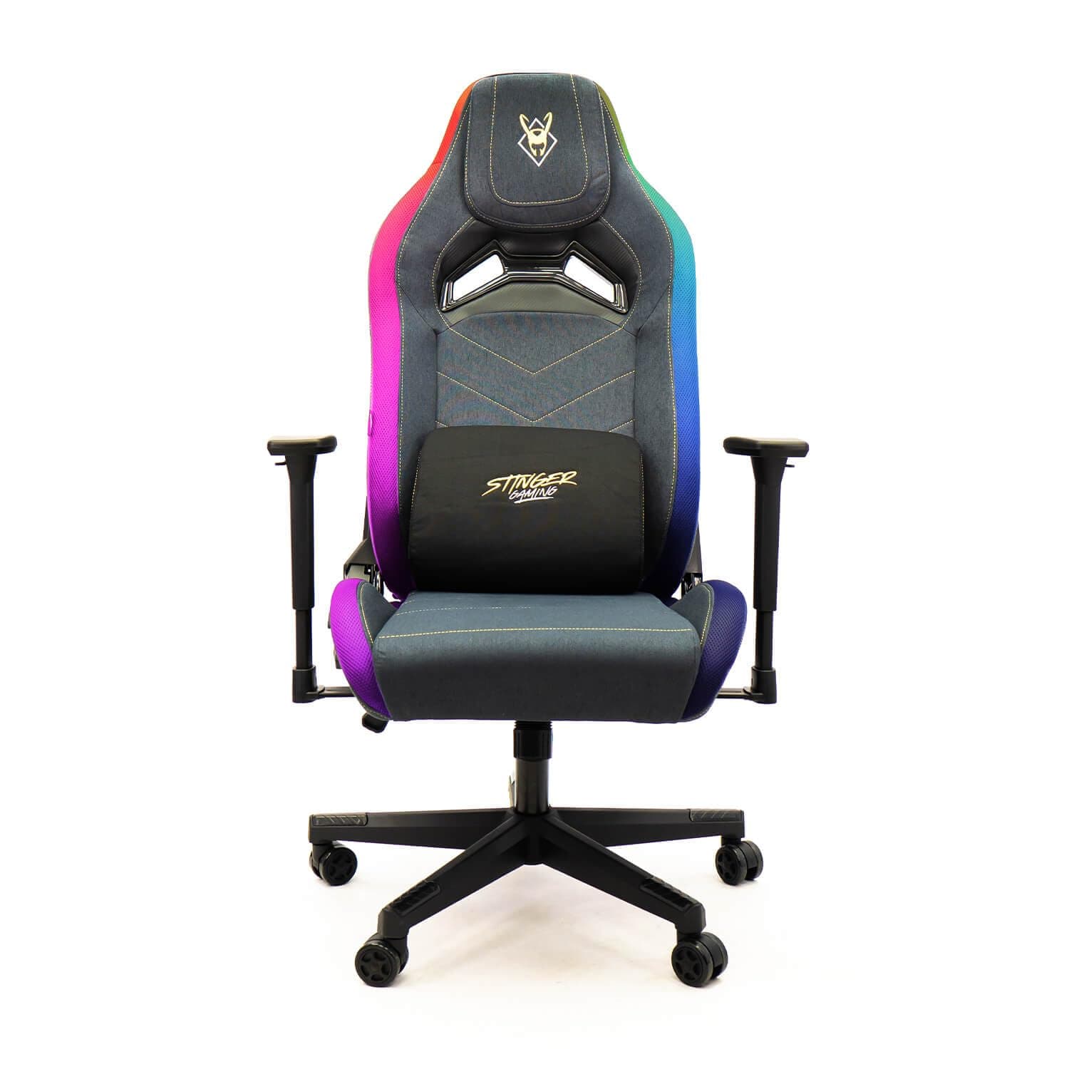 Woxter Stinger Station Elite RGB Golden/Silver - Silla Gaming con Luces Led RGB, Levantamiento por pistón Gas, Tela Antimanchas, Reposabrazos 3D, Cojín Lumbar Regulable y Cervical Integrado