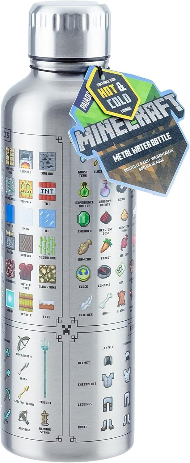 Paladone Minecraft Metall-Trinkflasche - Offiziell lizenziert, auslaufsicher, für heiße & kalte Getränke, mit In-Game-Items, Geschenk für Minecraft-Fans, 470 ml (16 Fl Oz)