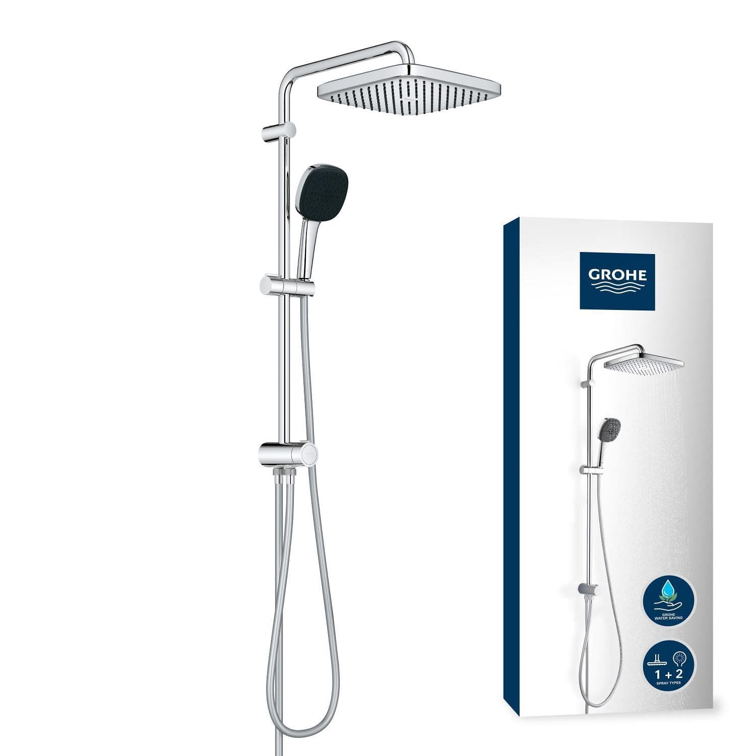 Grohe Columna de ducha Vitalio Comfort 250 Flex con desviador, ahorro de agua, 2 tipos de chorro, instalación flexible, duradero, cuadrado, cromo, 26698001