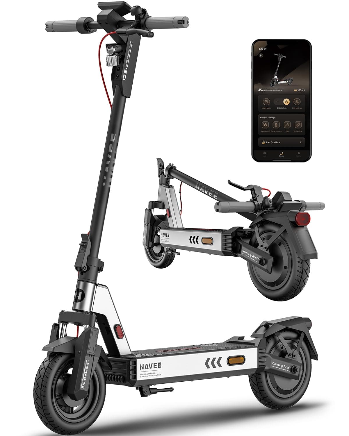 NAVEE G5/G5 Pro Trottinette Electrique Adult, Moteur Max 800W, Autonomie Longue 45-55km, Pentes 20%, Suspension Damping Arm, Apple Find My, Pneus 10" Tubeless, Contrôle de Traction TCS, Étanche IPX5