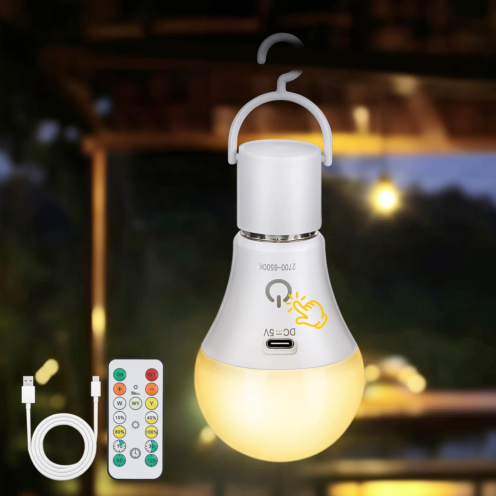 Kimjo Bombilla Recargable USB con Mando - Bombilla Inalámbrica sin Electricidad E27 7W 3 Color Regulable - Bombilla sin Punto de Luz Control Táctil - Luz de Emergencia Acampar