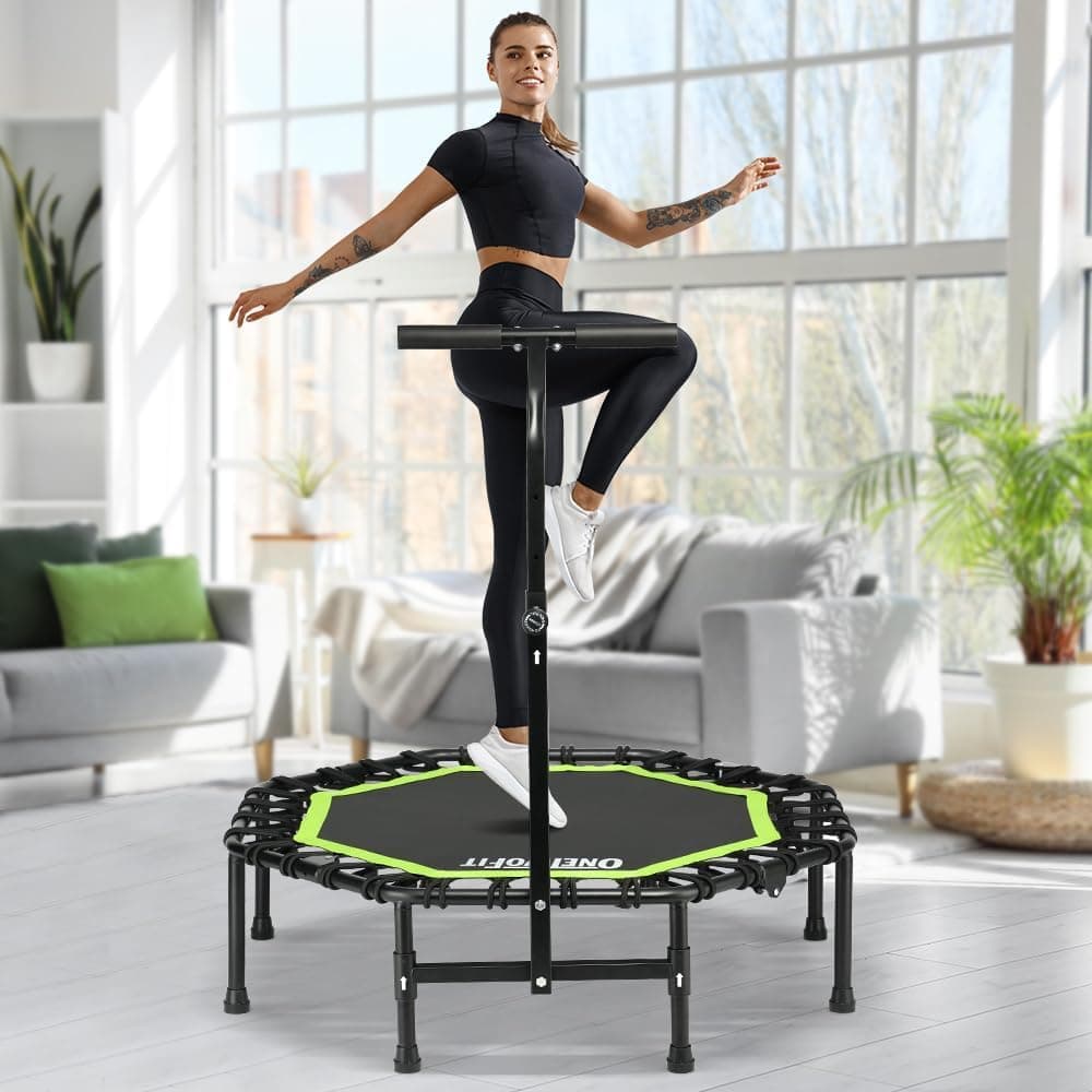 ONETWOFIT Trampolín Plegable para Adultos 101/107/114cm, Mini trampolín de Fitness, con Mango de Espuma Ajustable, elásticos, Ejercicio silencioso para Interior Personal