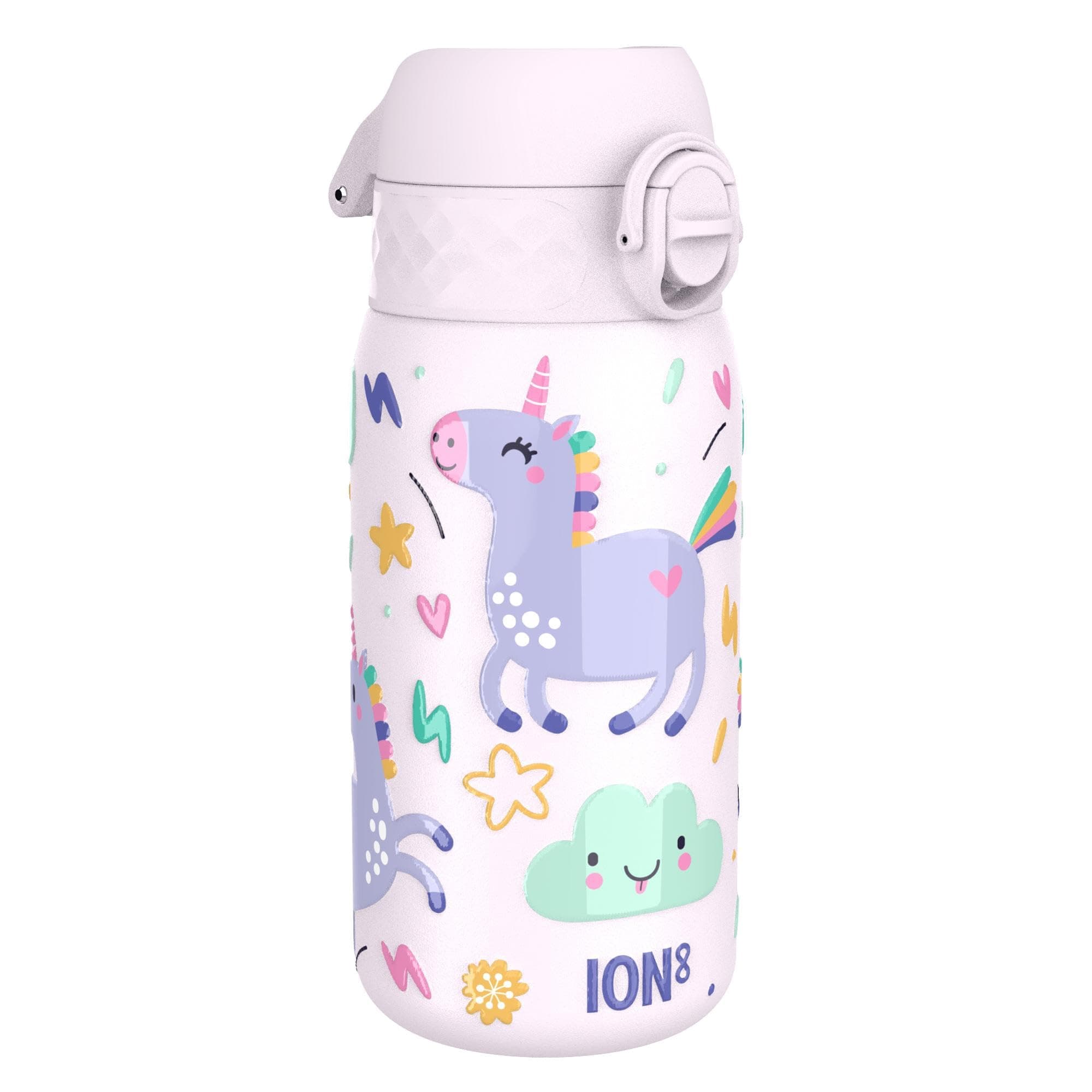 ion8 Botella Agua Inox Ligero para Niños, 400ml, Sin Aislamiento, a Prueba de Fugas, Fácil de Abrir, Cerradura Segura, Apta para Lavavajillas, Tapa Abatible, Fácil de Limpiar, Unicornios, Rosa