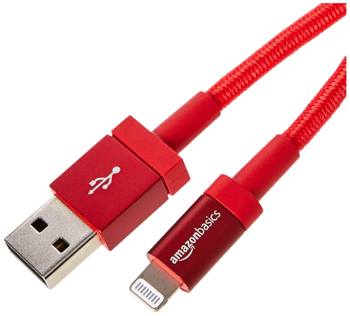 Amazon Basics – Verbindungskabel USB-A auf Lightning, Nylon-umflochten, MFi-zertifiziertes Ladekabel für iPhone, rot, 1.8 m