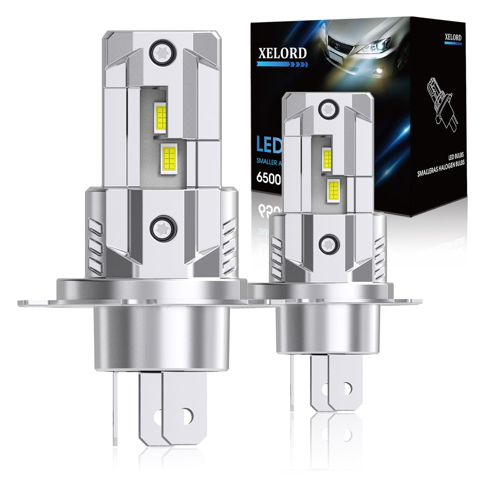 XELORD LED H4 Bombillas de Coche,6500K Luz Blanca Brillante 55W 14000LM,Bombilla Halógena de Repuesto,1:1 Diseño Plug-n-Play,Paquete de 2