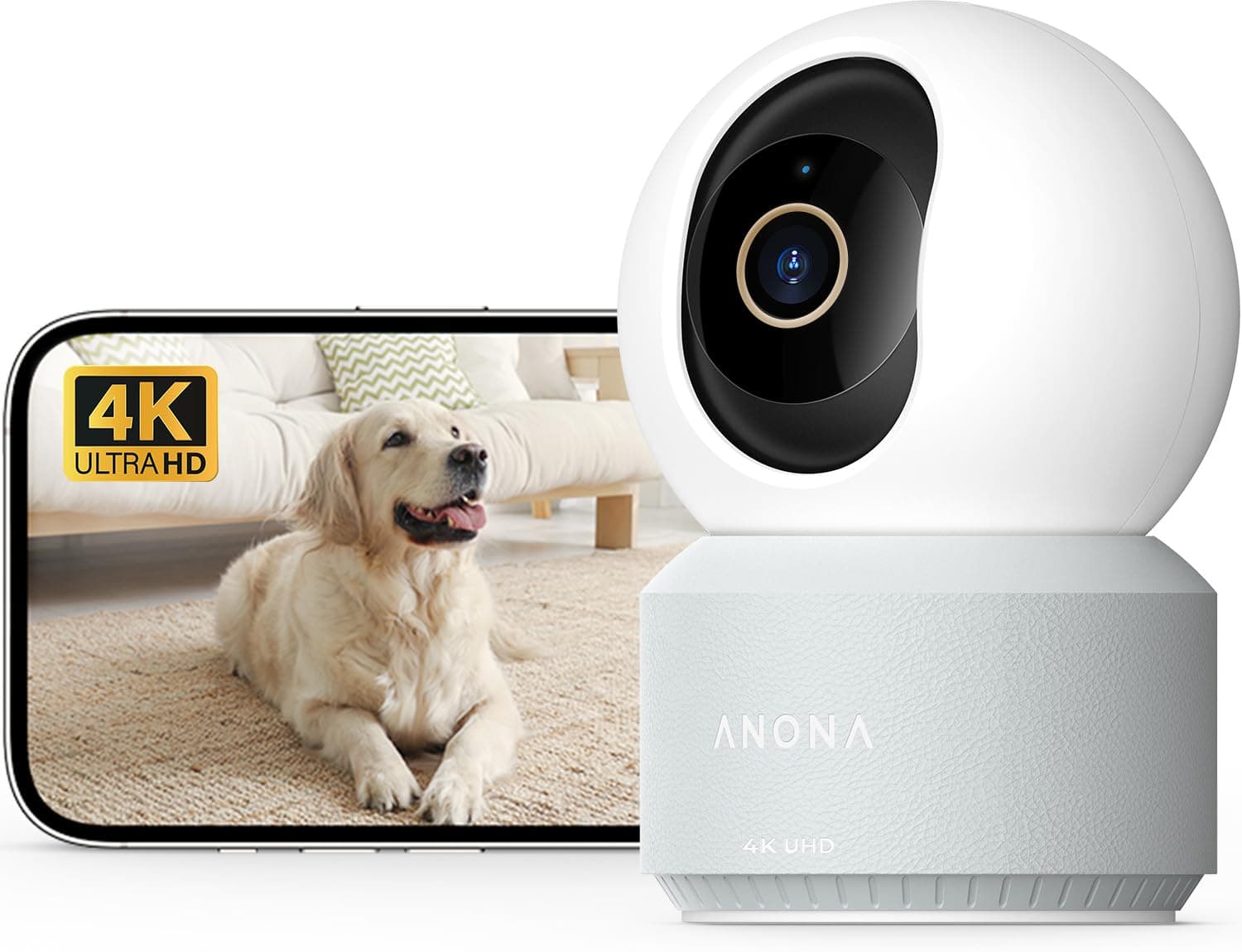 Anona Pano 4K Telecamera WIFI Interno, 8MP Videocamera Sorveglianza Animali/Cane/Bambino, 360° PTZ, Wi-Fi 6 2,4/5G, Auto-Tracking, Rilevamento AI Persone/Animali/Pianto, Privacy, Audio Bidirezionale