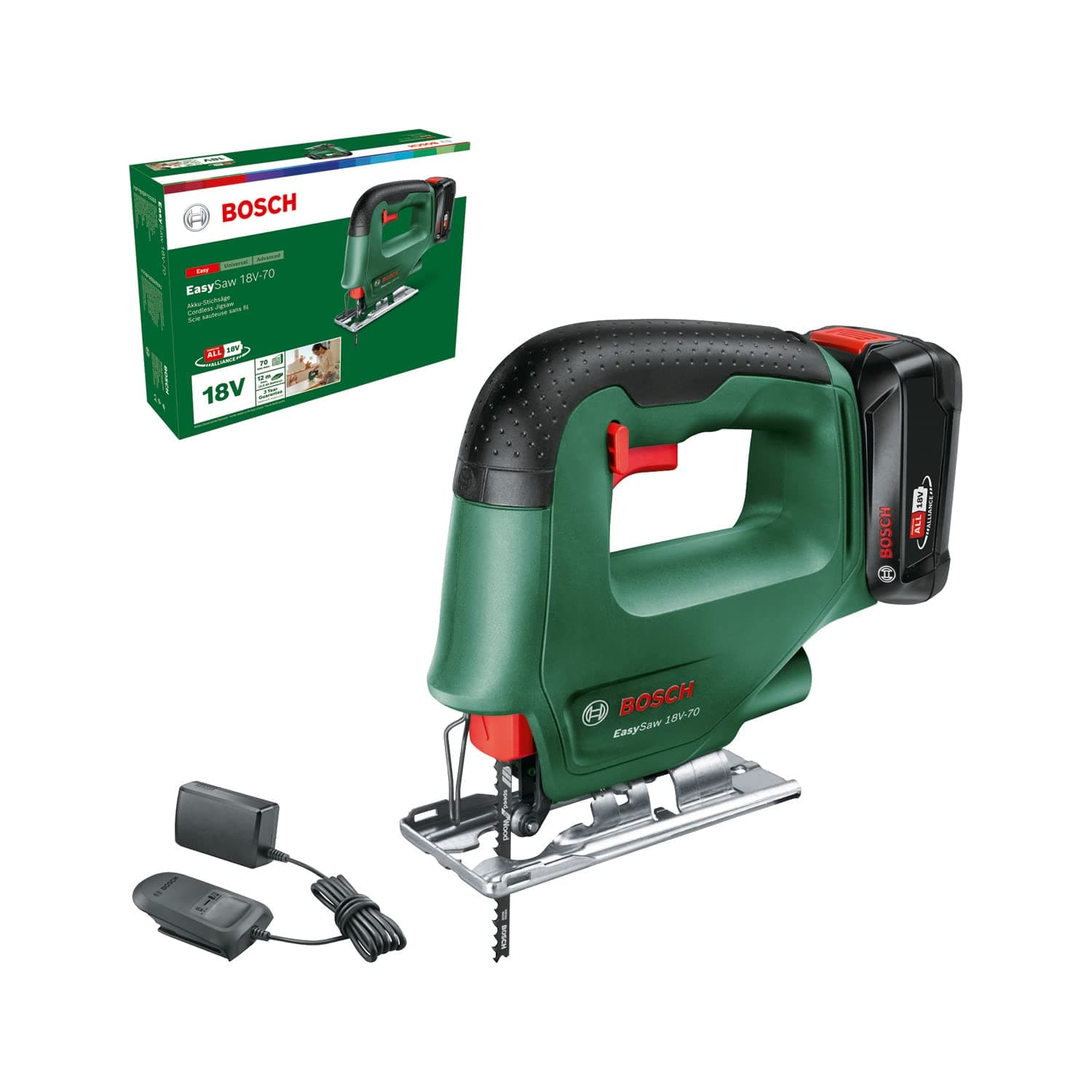 Bosch Akku Stichsäge EasySaw 18V-70 (2,0 Ah Akku, 18 Volt System, mit 1 Stichsägeblatt, Ladegerät AL 18V-20, im Karton)