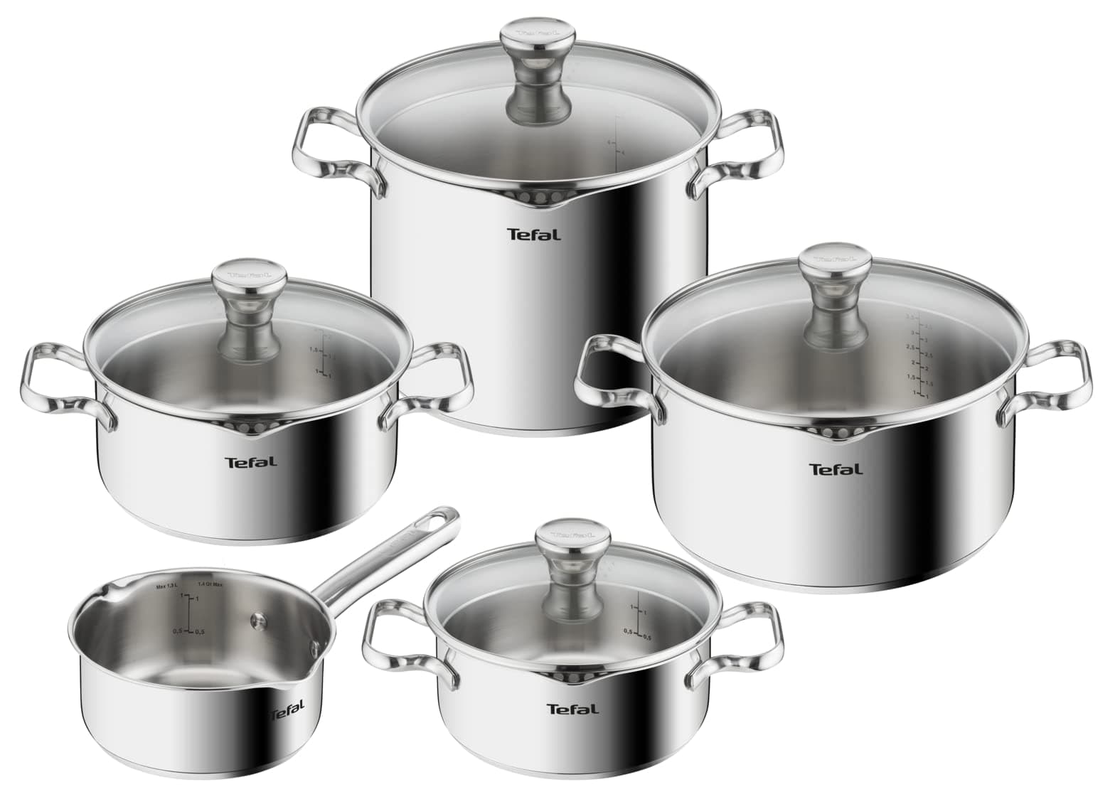 Tefal Batterie de cuisine 9 pièces, Induction, Casserole 16 cm, Faitouts 18/20/24 cm, Couvercles en verre filtrants, Inox garanti 10 ans, Base 3 couches, Duetto On A705S936